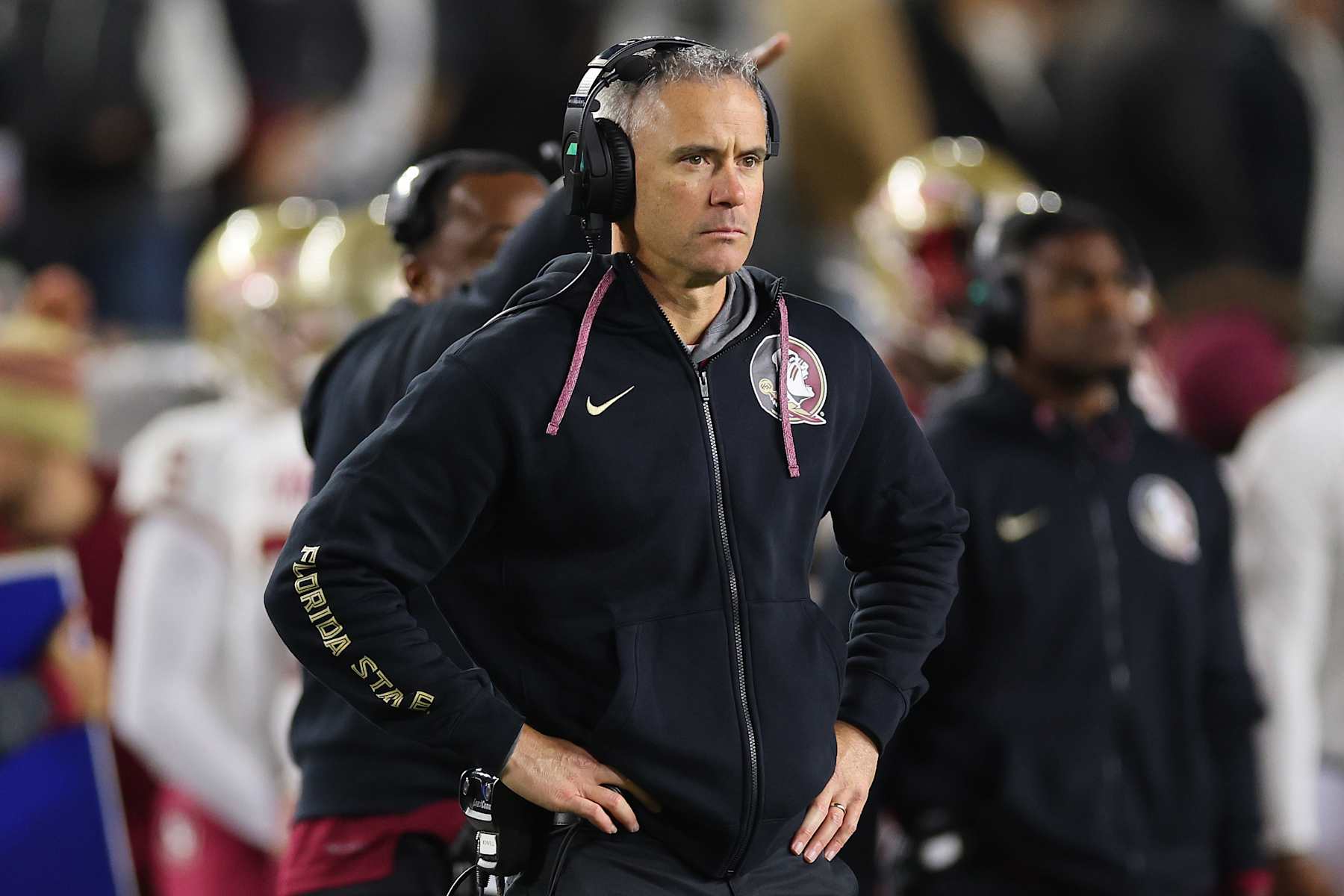 SOUTH BEND, INDIANA - NOVEMBER 09: Head coach Mike Norvell of the Florida State Seminoles reacts against the Notre Dame Fighting Irish during the second half at Notre Dame Stadium on November 09, 2024 in South Bend, Indiana. (Photo by Michael Reaves/Getty Images)