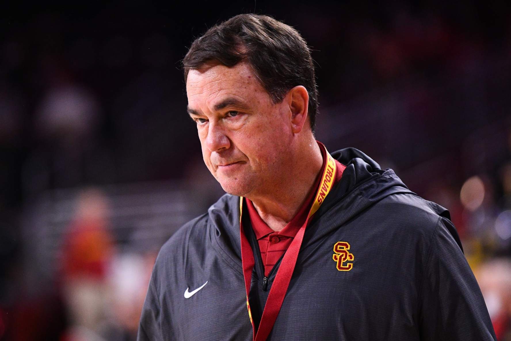 LOS ANGELES, CA - JANUARY 27: USC athletic director Mike Bohn looks on during the college basketball game between the Stanford Cardinal and the USC Trojans on January 27, 2022 at Galen Center in Los Angeles, CA. (Photo by Brian Rothmuller/Icon Sportswire via Getty Images)