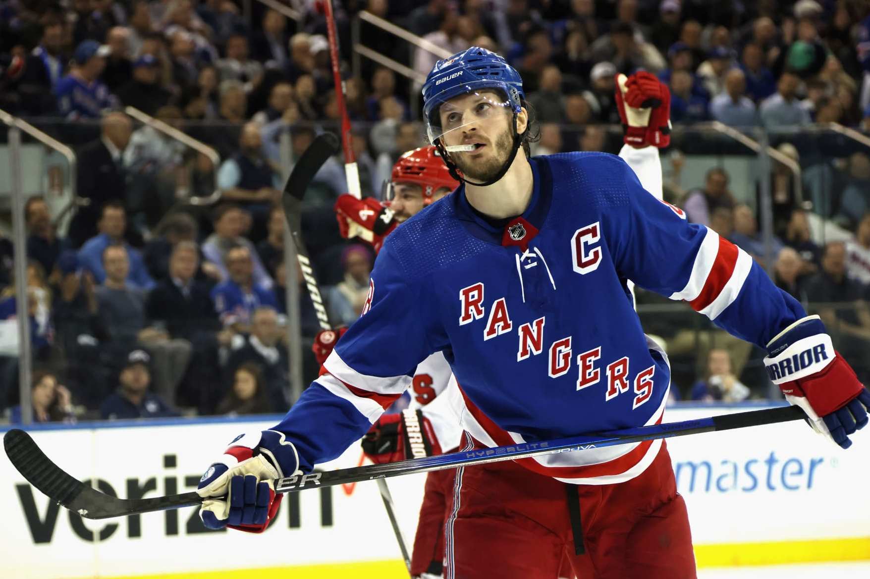 NEW YORK, NEW YORK - MAY 13: Jacob Trouba #8 of the New York Rangers reacts to a third period goal by Jordan Martinook #48 of the Carolina Hurricanes in Game Five of the Second Round of the 2024 Stanley Cup Playoffs at Madison Square Garden on May 13, 2024 in New York City.  (Photo by Bruce Bennett/Getty Images)