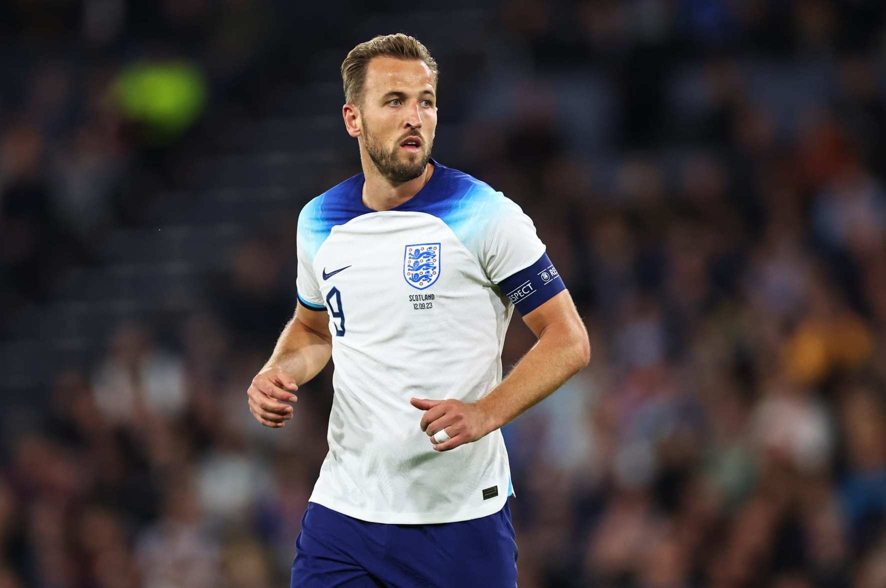 GLASGOW, SCOTLAND - SEPTEMBER 12: Harry Kane of England during the 150th Anniversary Heritage Match between Scotland and England at Hampden Park on September 12, 2023 in Glasgow, Scotland. (Photo by Robbie Jay Barratt - AMA/Getty Images)