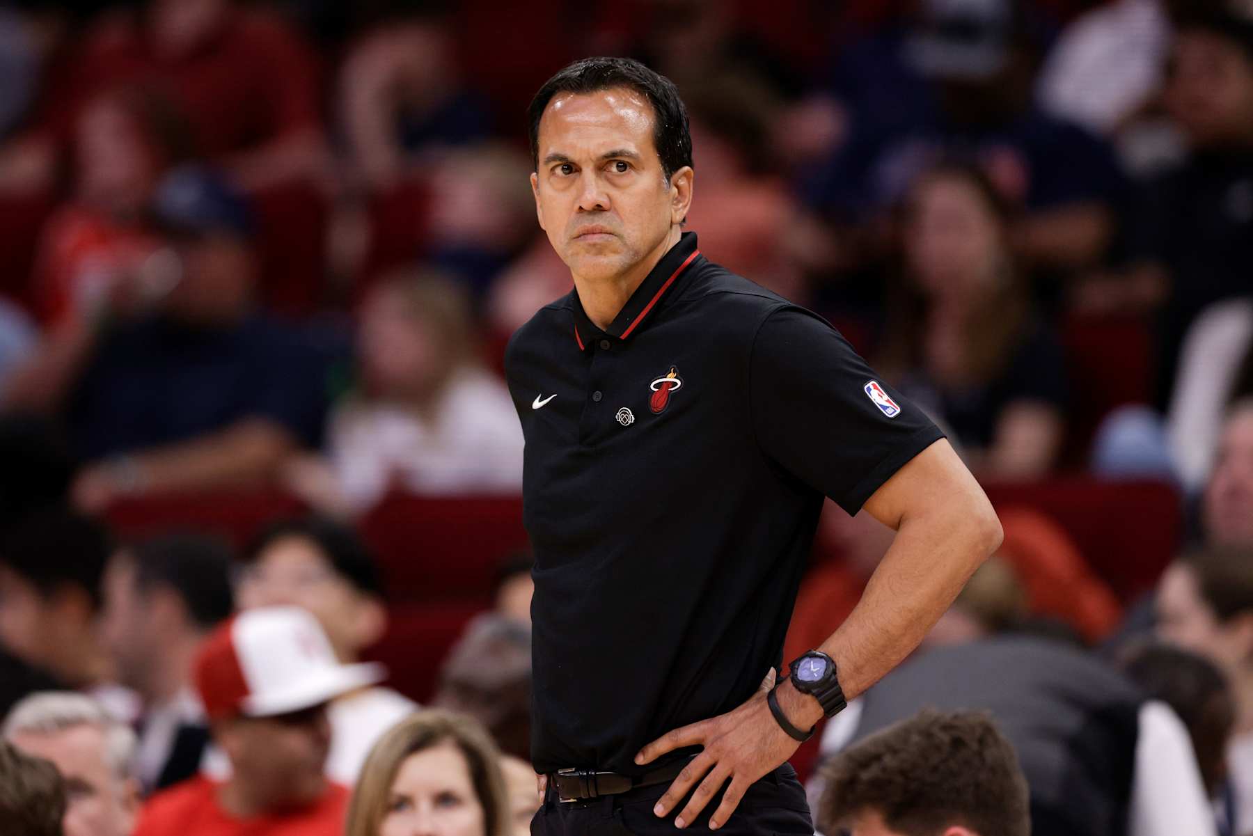 HOUSTON, TEXAS - APRIL 05: Head coach Erik Spoelstra of the Miami Heat stands on the court in the first half against the Houston Rockets at Toyota Center on April 05, 2024 in Houston, Texas. NOTE TO USER: User expressly acknowledges and agrees that, by downloading and or using this photograph, User is consenting to the terms and conditions of the Getty Images License Agreement. (Photo by Tim Warner/Getty Images)