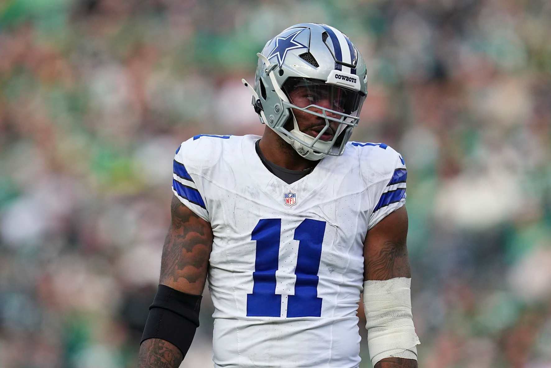 PHILADELPHIA, PENNSYLVANIA - DECEMBER 29: Micah Parsons #11 of the Dallas Cowboys looks on against the Philadelphia Eagles at Lincoln Financial Field on December 29, 2024 in Philadelphia, Pennsylvania. (Photo by Mitchell Leff/Getty Images)