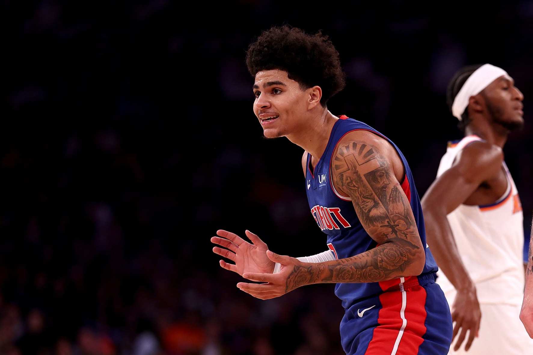 NEW YORK, NEW YORK - NOVEMBER 30:  Killian Hayes #7 of the Detroit Pistons reacts after he is called for a foul in the first half against the New York Knicks at Madison Square Garden on November 30, 2023 in New York City. NOTE TO USER: User expressly acknowledges and agrees that, by downloading and or using this photograph, User is consenting to the terms and conditions of the Getty Images License Agreement. (Photo by Elsa/Getty Images)