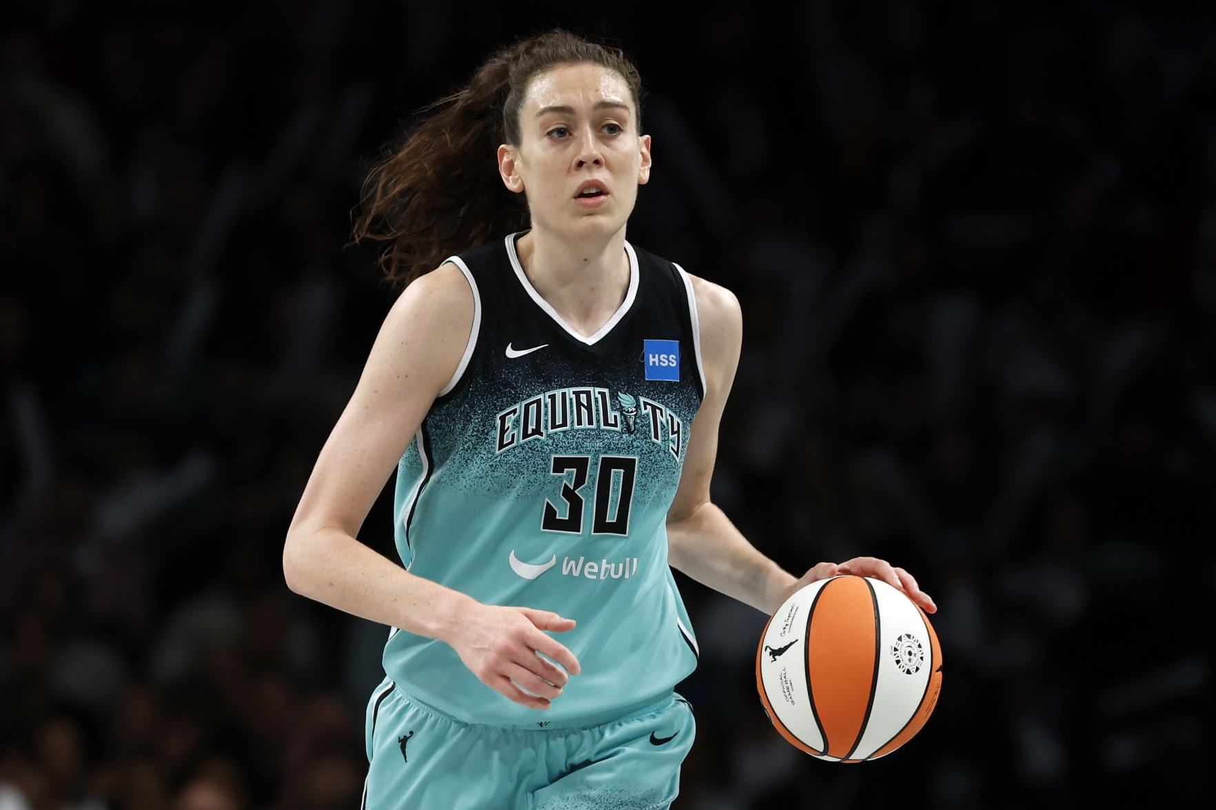 NEW YORK, NEW YORK - SEPTEMBER 26: Breanna Stewart #30 of the New York Liberty dribbles during the second half against the Connecticut Sun during Game Two of the 2023 WNBA Playoffs semifinals at Barclays Center on September 26, 2023 in the Brooklyn borough of New York City. The Liberty won 84-77. NOTE TO USER: User expressly acknowledges and agrees that, by downloading and or using this photograph, User is consenting to the terms and conditions of the Getty Images License Agreement. (Photo by Sarah Stier/Getty Images)