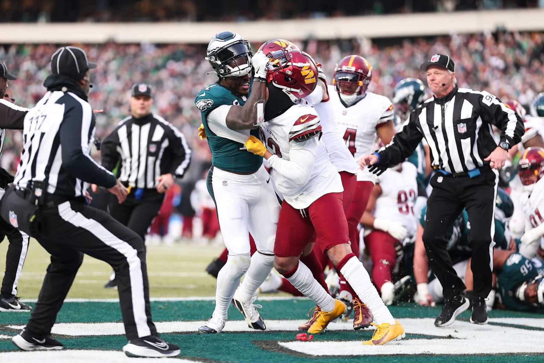 PHILADELPHIA, PENNSYLVANIA - JANUARY 26: A.J. Brown #11 of the Philadelphia Eagles is pushed during the second quarter in the NFC Championship Game by 	Marshon Lattimore #23 of the Washington Commanders at Lincoln Financial Field on January 26, 2025 in Philadelphia, Pennsylvania. (Photo by Kathryn Riley/Getty Images)