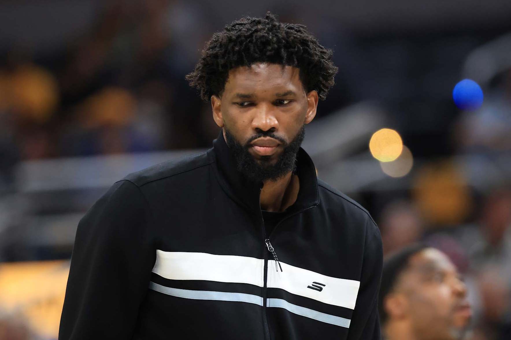 INDIANAPOLIS, INDIANA - OCTOBER 27: Joel Embiid #21 of the Philadelphia 76ers looks on in the game against the Indiana Pacers at Gainbridge Fieldhouse on October 27, 2024 in Indianapolis, Indiana. NOTE TO USER: User expressly acknowledges and agrees that, by downloading and or using this photograph, User is consenting to the terms and conditions of the Getty Images License Agreement. (Photo by Justin Casterline/Getty Images)