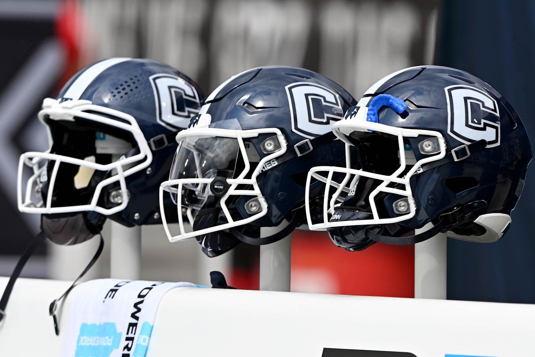 COLLEGE PARK, MARYLAND - AUGUST 31: A view of the Connecticut Huskies logo on a helmet during the game against the Maryland Terrapins at SECU Stadium on August 31, 2024 in College Park, Maryland. (Photo by G Fiume/Getty Images)