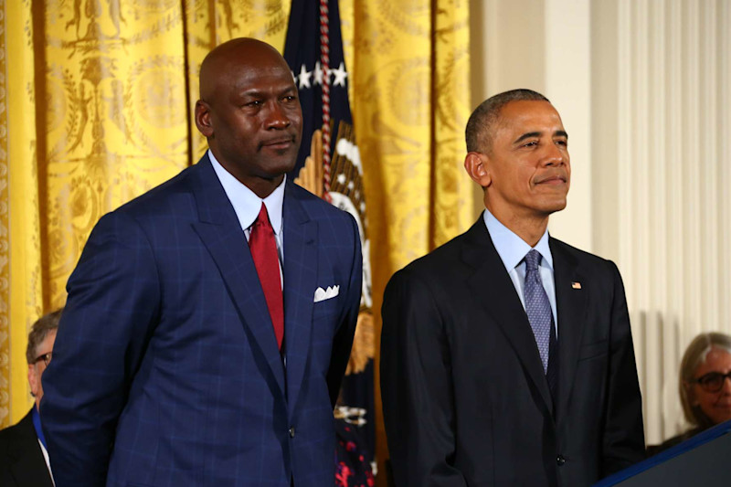 WASHINGTON, DC - NOVEMBER 22- President of the United States, Barack Obama presents NBA Hall of Famer Michael Jordan during a ceremony with the Presidential Medal of Freedom at the White House on November 22, 2016 in Washington D.C. NOTE TO USER: User expressly acknowledges and agrees that, by downloading and or using this photograph, User is consenting to the terms and conditions of the Getty Images License Agreement. Mandatory Copyright Notice: Copyright 2016 NBAE (Photo by Ned Dishman/NBAE via Getty Images)