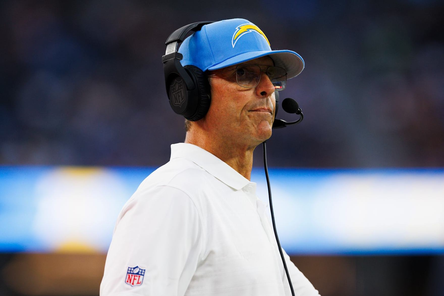 INGLEWOOD, CALIFORNIA - AUGUST 17: Jim Harbaugh of the Los Angeles Chargers on the sideline during a preseason game against the Los Angeles Rams at SoFi Stadium on August 17, 2024 in Inglewood, California. (Photo by Ric Tapia/Getty Images)
