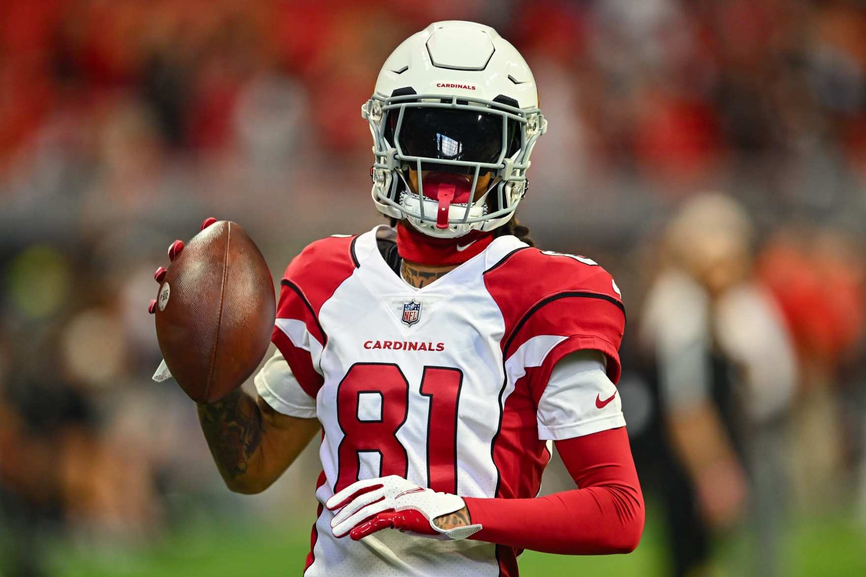 ATLANTA, GA  JANUARY 01:  Arizona wide receiver Robbie Anderson (81) warms up prior to the start of the NFL game between the Arizona Cardinals and the Atlanta Falcons on January 1st, 2023 at Mercedes-Benz Stadium in Atlanta, GA.  (Photo by Rich von Biberstein/Icon Sportswire via Getty Images)