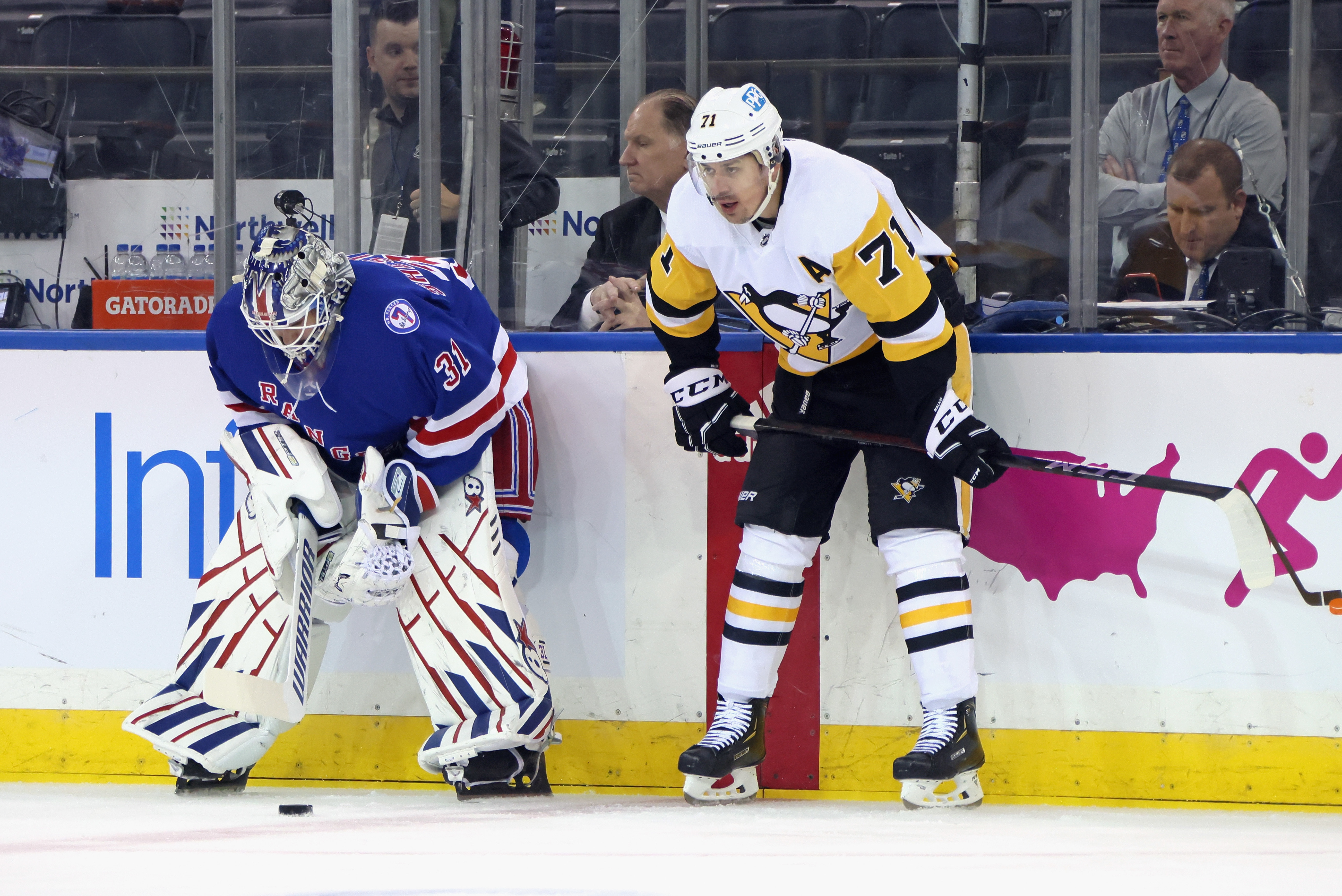 NEW YORK, NEW YORK - MAY 11: Igor Shesterkin #31 of the New York Rangers lines up next to Evgeni Malkin #71 of the Pittsburgh Penguins during warm-ups prior to Game Five of the First Round of the 2022 Stanley Cup Playoffs at Madison Square Garden on May 11, 2022 in New York City. (Photo by Bruce Bennett/Getty Images)