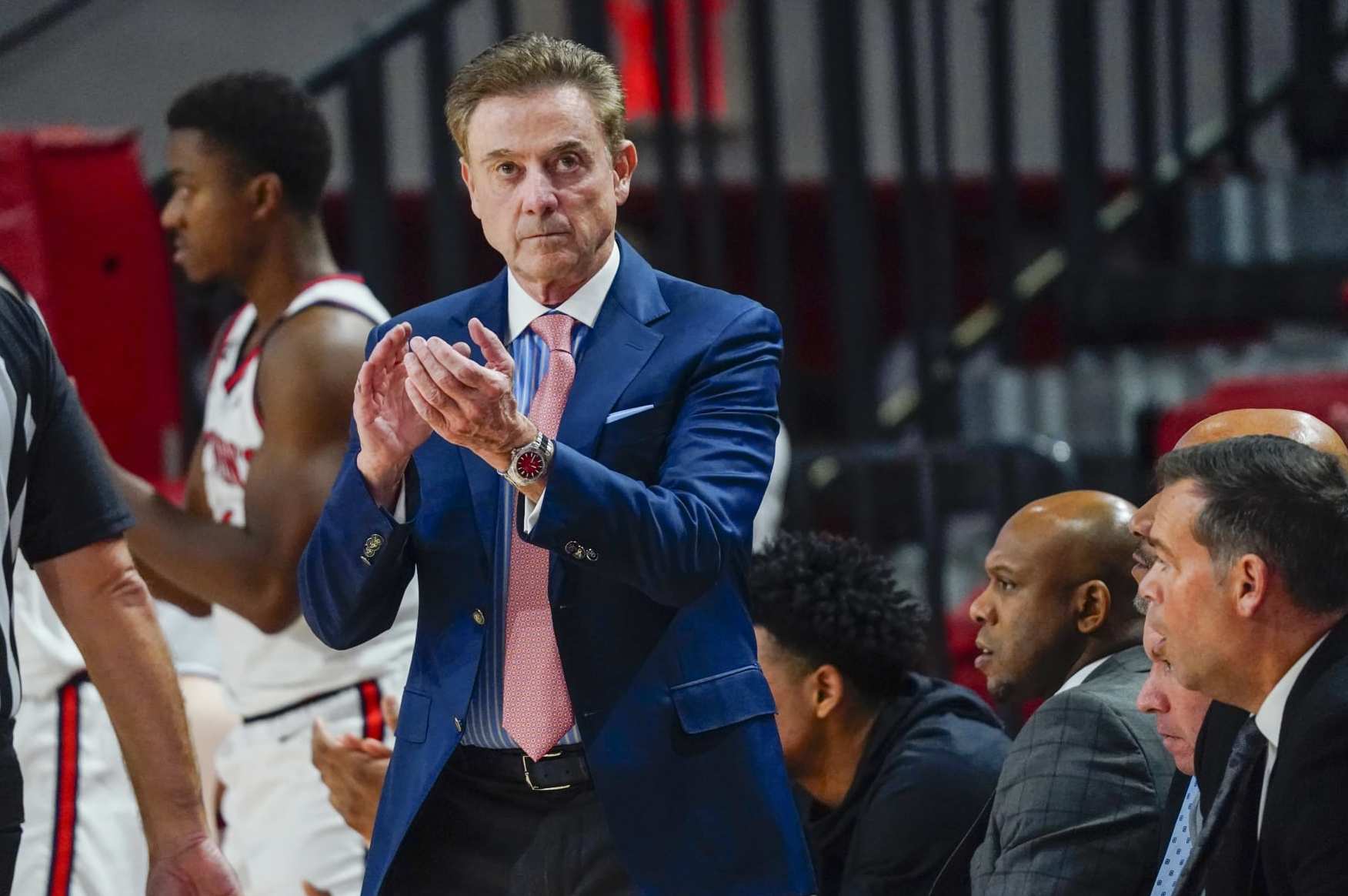 QUEENS, NY - DECEMBER 06: St. John's Red Storm Head Coach Rick Pitino claps for his players on the court during the second half to the College Basketball game between the Sacred Heart Pioneers and the St. John's Red Storm on December 6, 2023, at Carnesecca Arena in Queens, NY. (Photo by Gregory Fisher/Icon Sportswire via Getty Images)