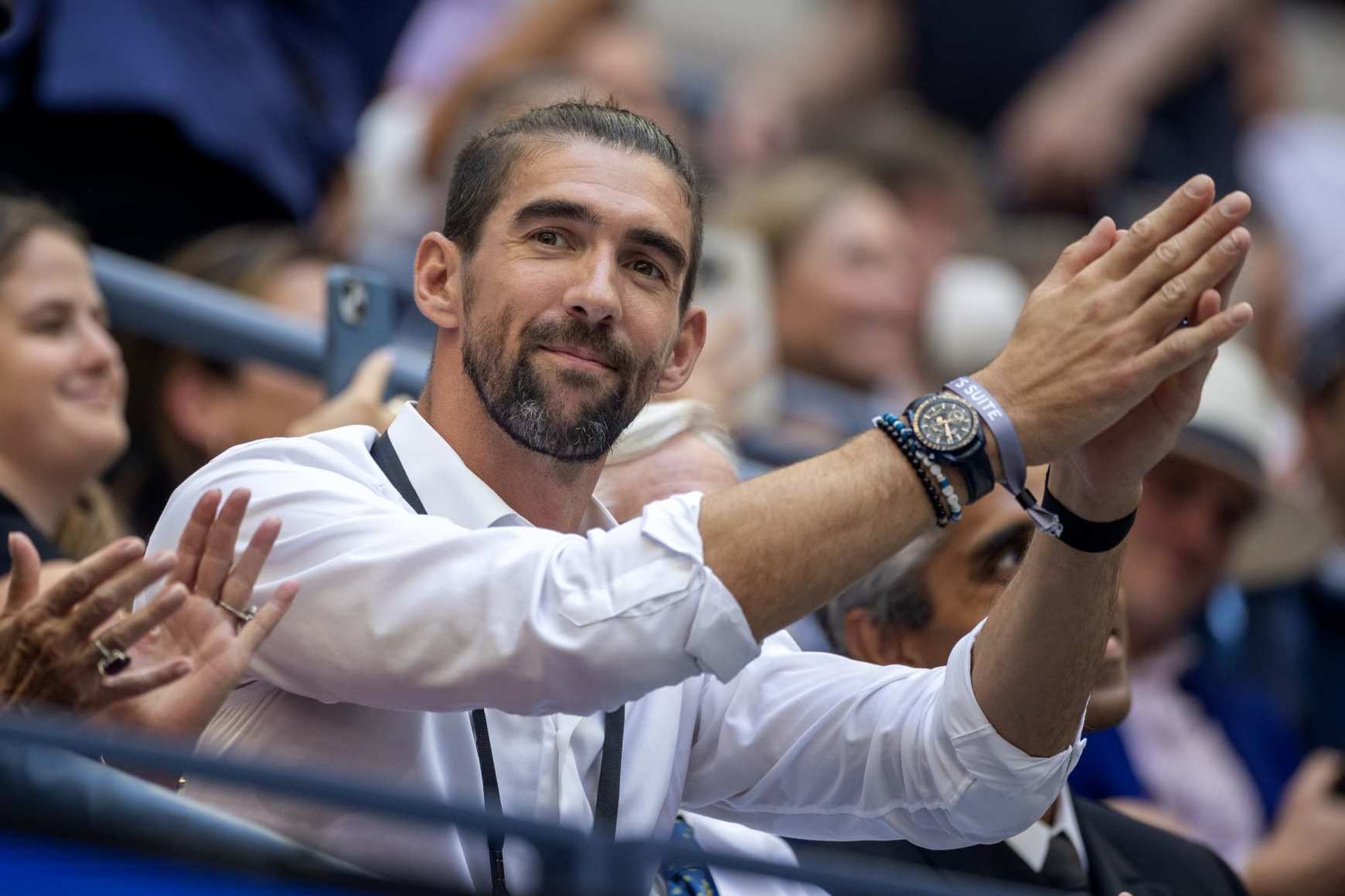 NEW YORK, USA:  September 6:  Swimming legend Michael Phelps on Arthur Ashe Stadium during the US Open Tennis Championship 2023 at the USTA National Tennis Centre on September 6th, 2023 in Flushing, Queens, New York City.  (Photo by Tim Clayton/Corbis via Getty Images)