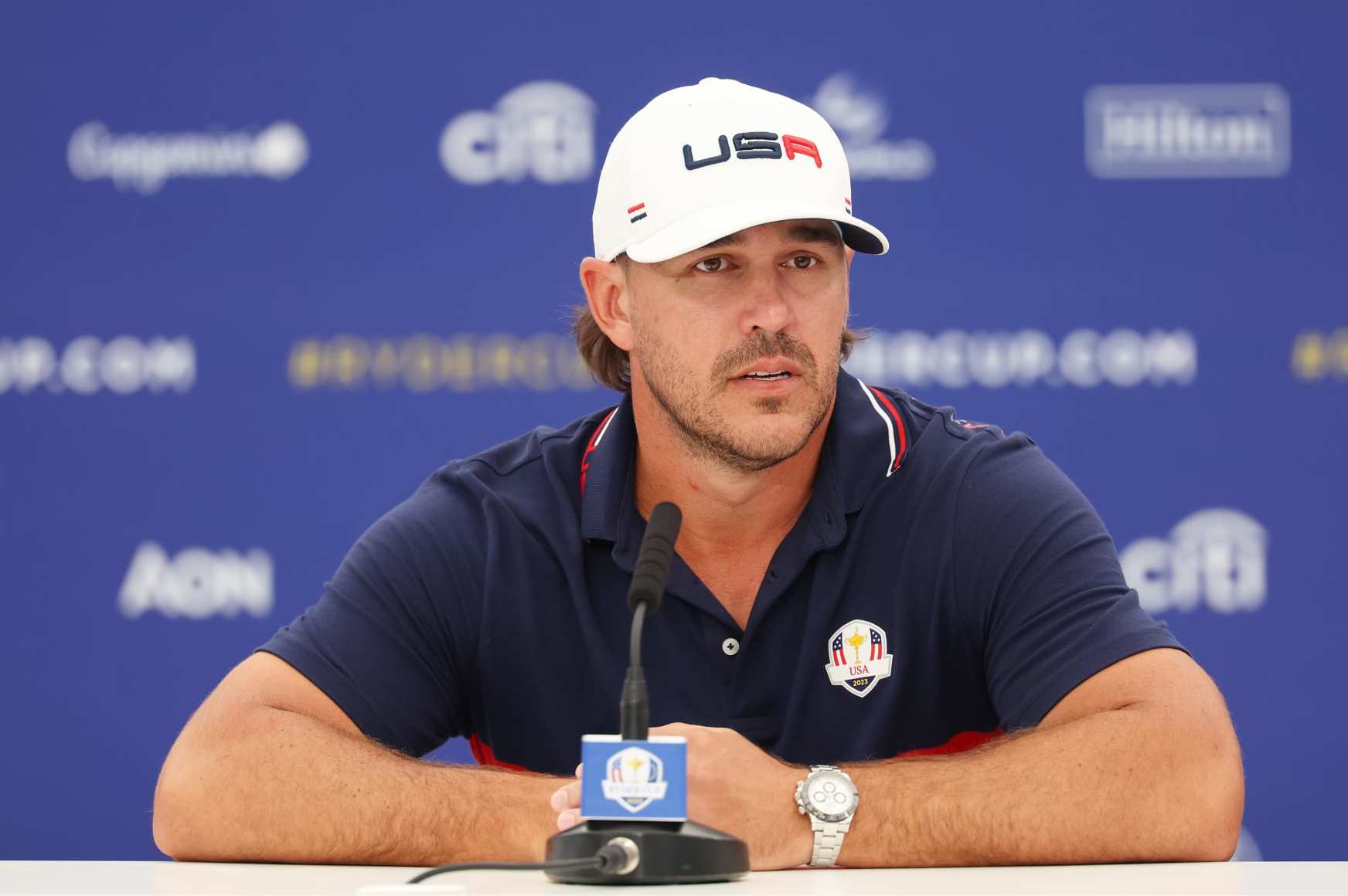 ROME, ITALY - SEPTEMBER 27: Brooks Koepka of Team United States speaks in a press conference following a practice round prior to the 2023 Ryder Cup at Marco Simone Golf Club on September 27, 2023 in Rome, Italy. (Photo by Patrick Smith/Getty Images)