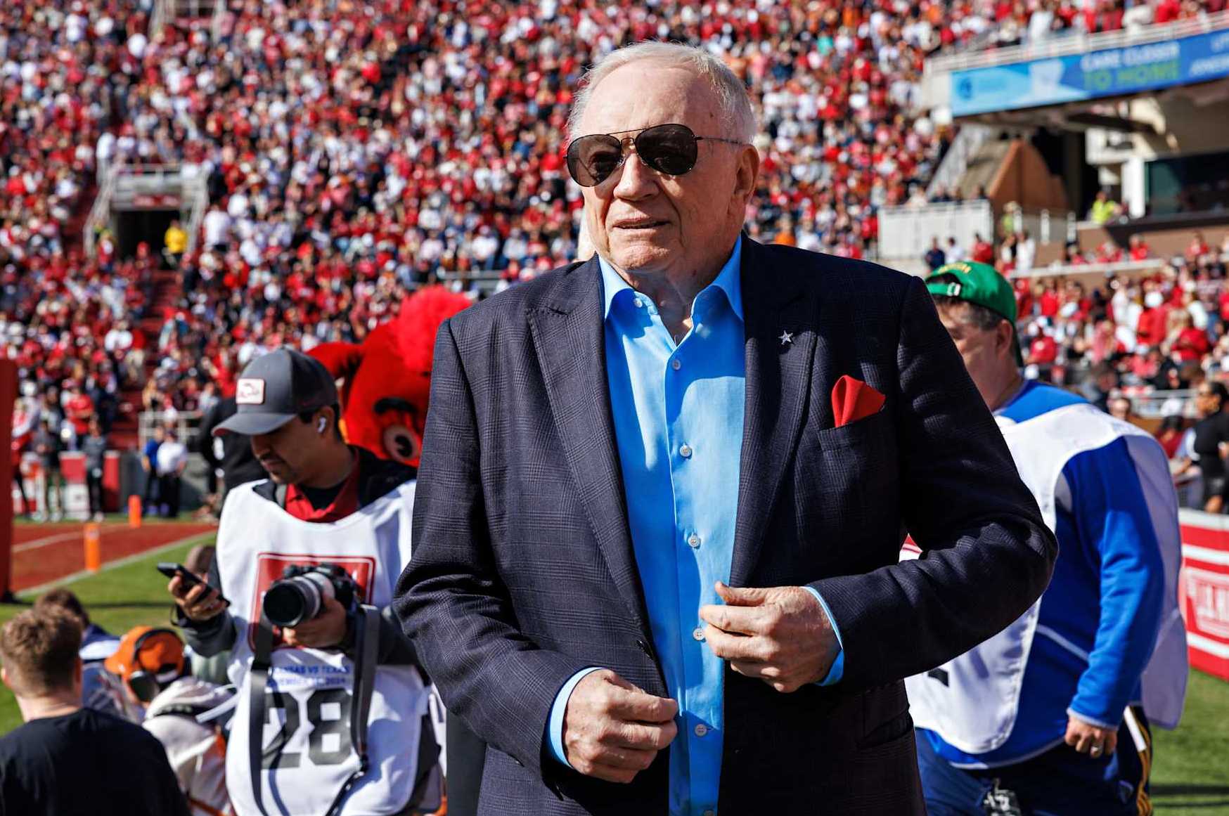FAYETTEVILLE, ARKANSAS - NOVEMBER 16: Dallas Cowboys owner and Razorback Alumni Jerry Jones on the field during a game between the Texas Longhorns and the Arkansas Razorbacks at Donald W. Reynolds Razorback Stadium on November 16, 2024 in Fayetteville, Arkansas. The Longhorns defeated the Razorbacks 20-10.  (Photo by Wesley Hitt/Getty Images)