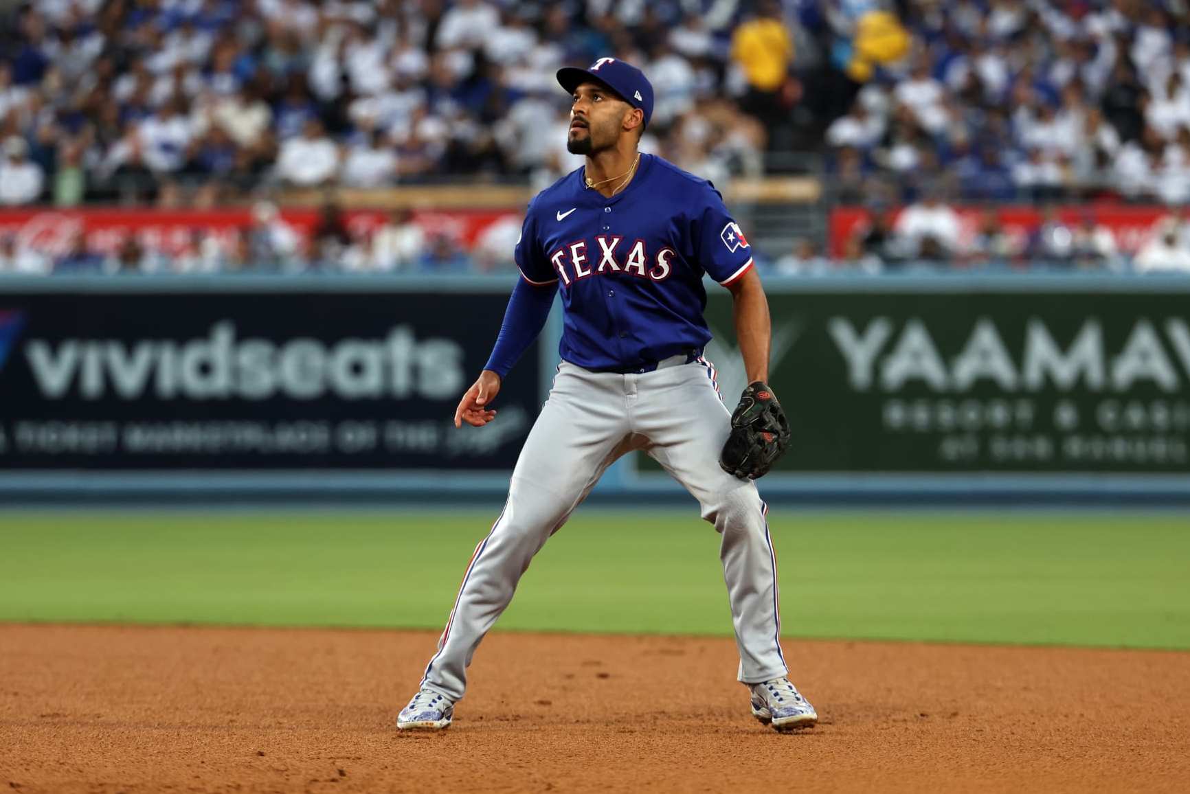 LOS ANGELES, CA - JUNE 11:  Marcus Semien #2 of the Texas Rangers plays second base during the game against the Los Angeles Dodgers at Dodger Stadium on June 11, 2024 in Los Angeles, California. The Dodgers defeated the Rangers 15-2. (Photo by Rob Leiter/MLB Photos via Getty Images)