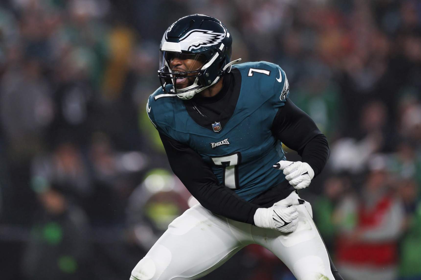 PHILADELPHIA, PENNSYLVANIA - DECEMBER 03: Haason Reddick #7 of the Philadelphia Eagles celebrates after a play during an NFL football game against the San Francisco 49ers at Lincoln Financial Field on December 3, 2023 in Philadelphia, Pennsylvania. (Photo by Ryan Kang/Getty Images)