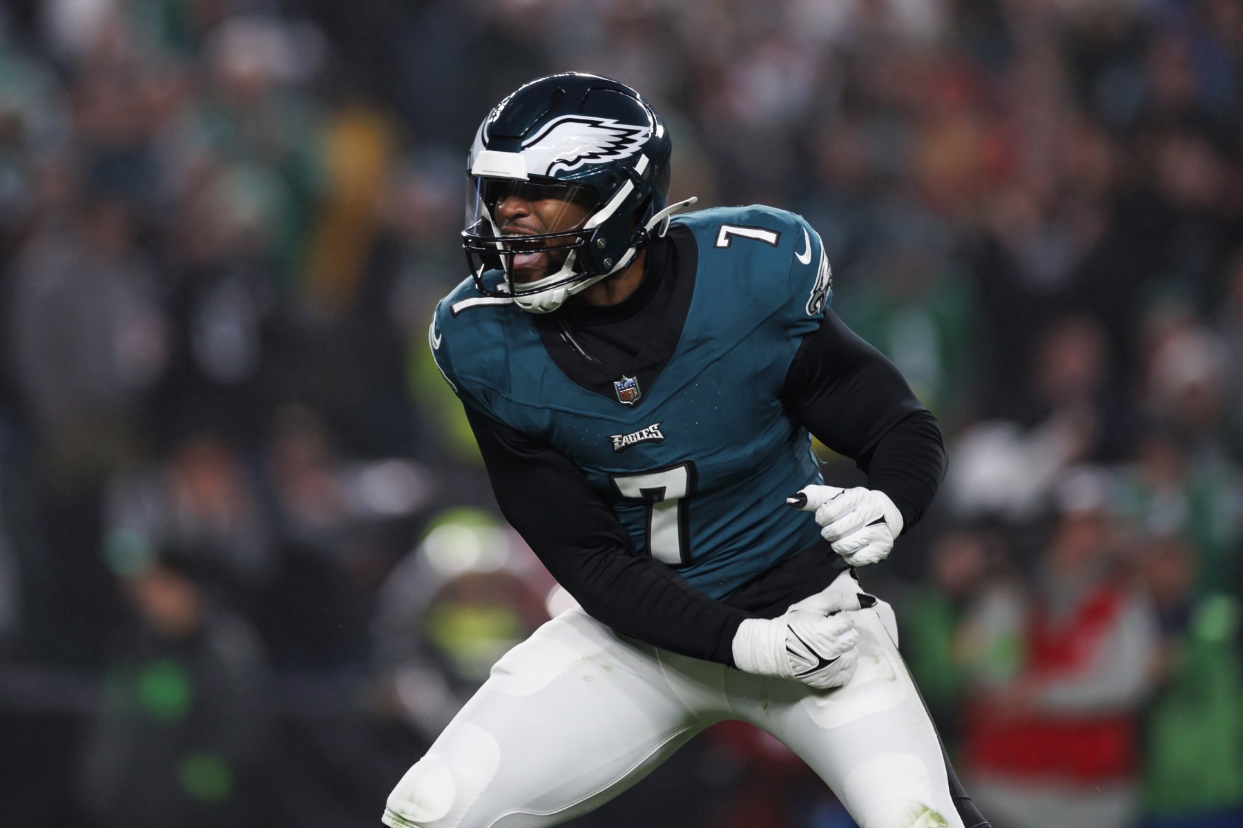 PHILADELPHIA, PENNSYLVANIA - DECEMBER 03: Haason Reddick #7 of the Philadelphia Eagles celebrates after a play during an NFL football game against the San Francisco 49ers at Lincoln Financial Field on December 3, 2023 in Philadelphia, Pennsylvania. (Photo by Ryan Kang/Getty Images)