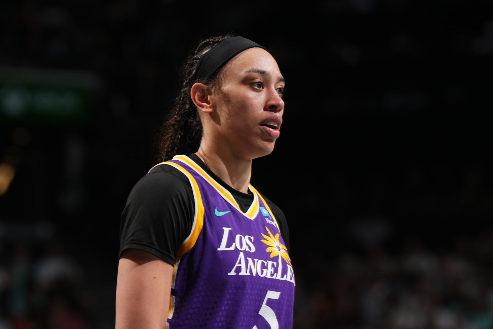BROOKLYN, NY - JUNE 20: Dearica Hamby #5 of the Los Angeles Sparks looks on during the game against the New York Liberty on June 20, 2024 in Brooklyn, New York. NOTE TO USER: User expressly acknowledges and agrees that, by downloading and or using this photograph, user is consenting to the terms and conditions of the Getty Images License Agreement. Mandatory Copyright Notice: Copyright 2024 NBAE (Photo by Catalina Fragoso/NBAE via Getty Images)