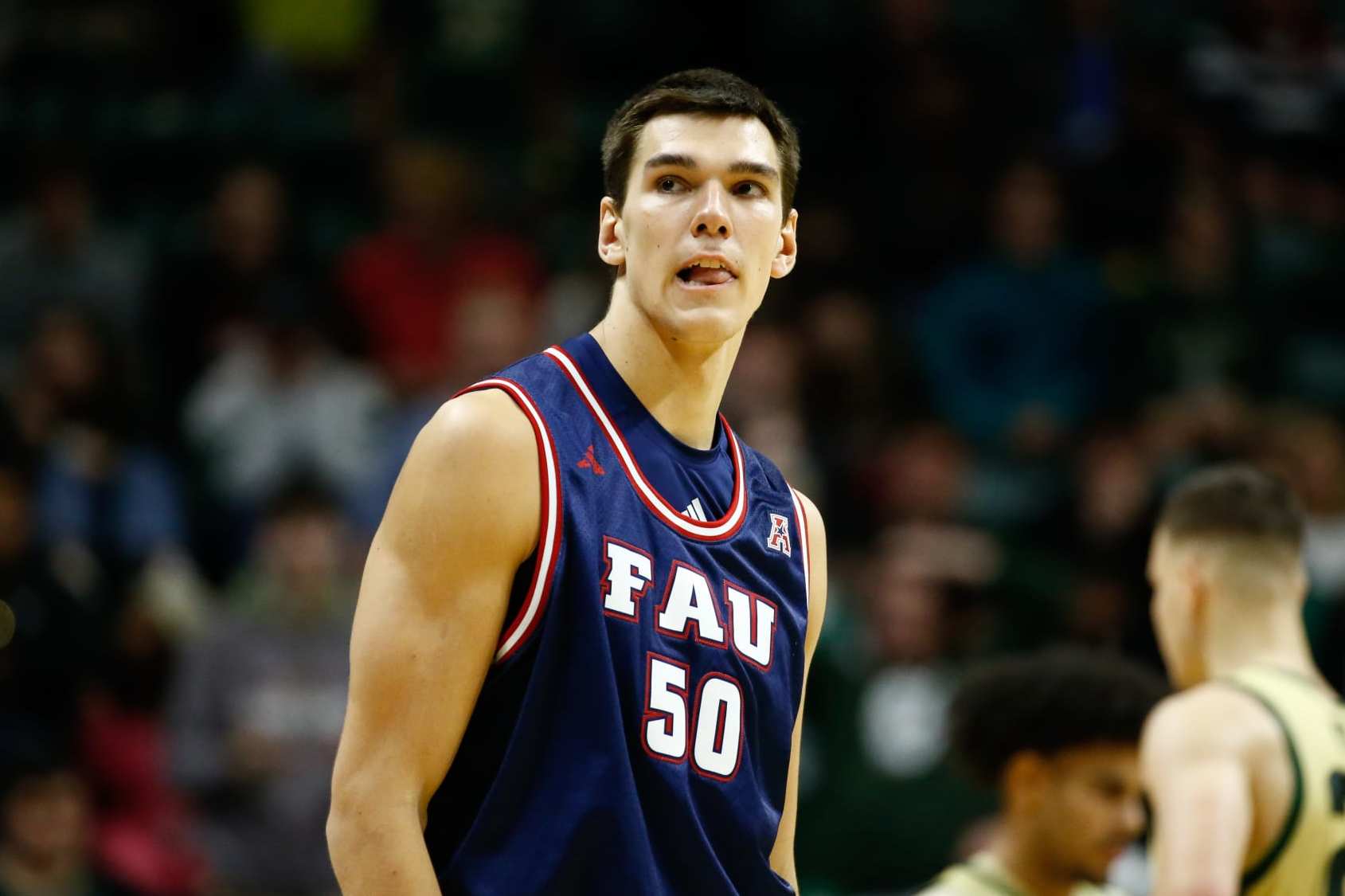 CHARLOTTE, NORTH CAROLINA - JANUARY 6: Vladislav Goldin #50 of the Florida Atlantic Owls looks on as the Florida Atlantic Owls take on the Charlotte 49ers at Dale F. Halton Arena on January 6, 2024 in Charlotte, North Carolina. (Photo by Isaiah Vazquez/Getty Images)