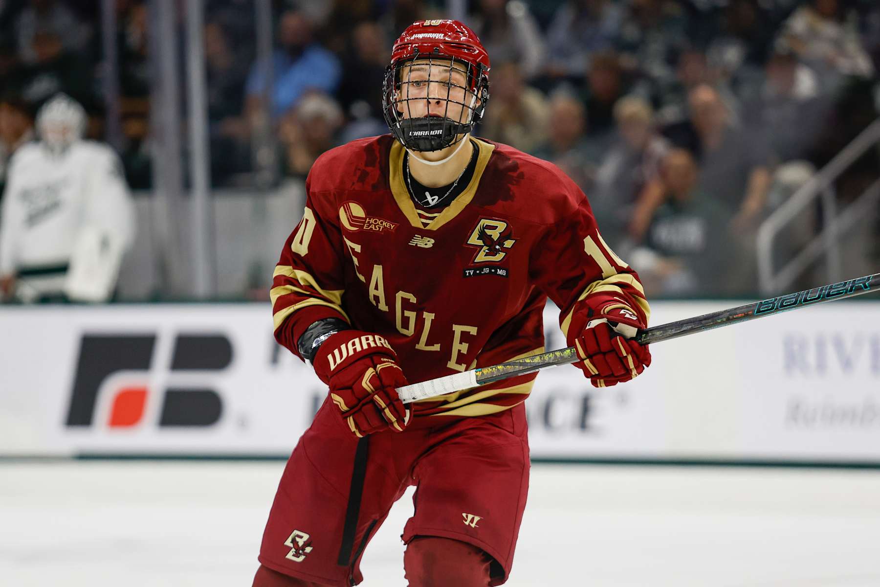 EAST LANSING, MI - OCTOBER 11: James Hagens #10 of Boston College skates away from the puck during a game between Boston College and Michigan State University at Munn Ice Arena on October 11, 2024 in East Lansing, Michigan. (Photo by Michael Miller/ISI Photos/Getty Images)