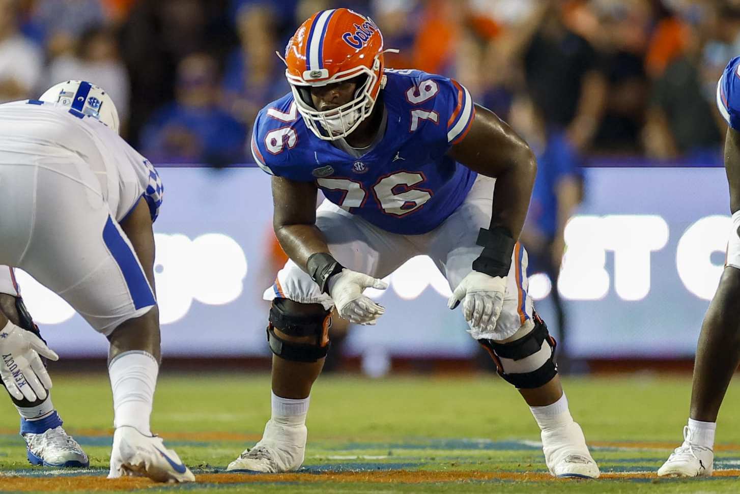 GAINESVILLE, FL - SEPTEMBER 10: Florida Gators offensive lineman Richard Gouraige (76) during the game between the Kentucky Wildcats and the Florida Gators on September 10, 2022 at Ben Hill Griffin Stadium at Florida Field in Gainesville, Fl. (Photo by David Rosenblum/Icon Sportswire via Getty Images)