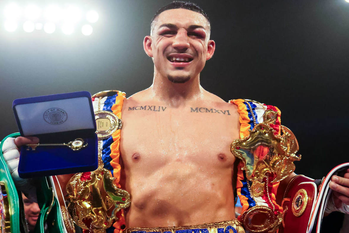 MIAMI, FLORIDA - JUNE 29: Teofimo Lopez celebrates after defeating Steve Claggett during the WBO and Ring Magazine Junior Welterweight World Title bout at James L. Knight Center on June 29, 2024 in Miami, Florida. (Photo by Kelly Gavin/Getty Images)