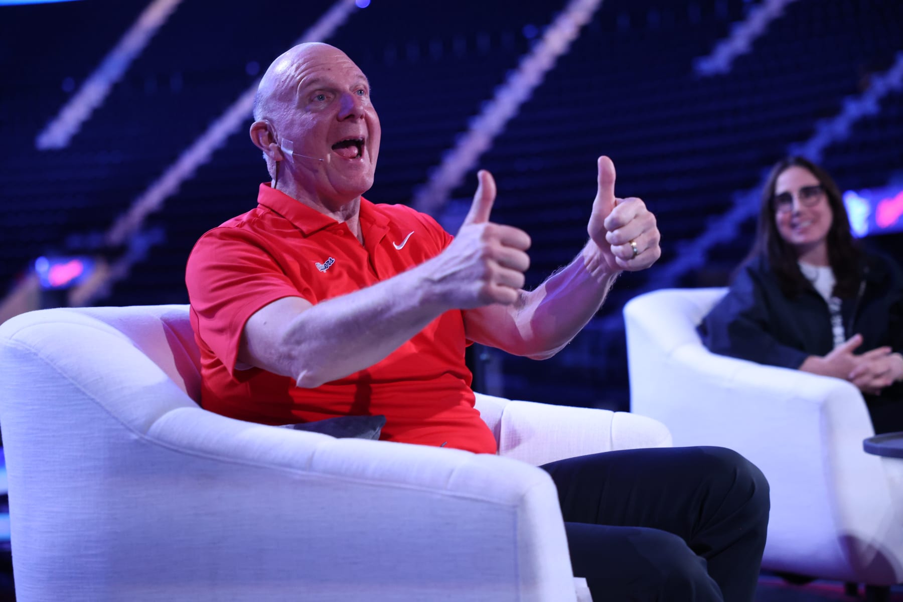 Inglewood, CA - July 19: Los Angeles Clippers Owner Steve Ballmer talks enthusiastically while giving a thumbs up beside Clippers Exec Gillian Zucker while showing the Halo Board for guests for the first time at Intuit Dome on Friday, July 19, 2024 in Inglewood, CA. (Michael Blackshire / Los Angeles Times via Getty Images)
