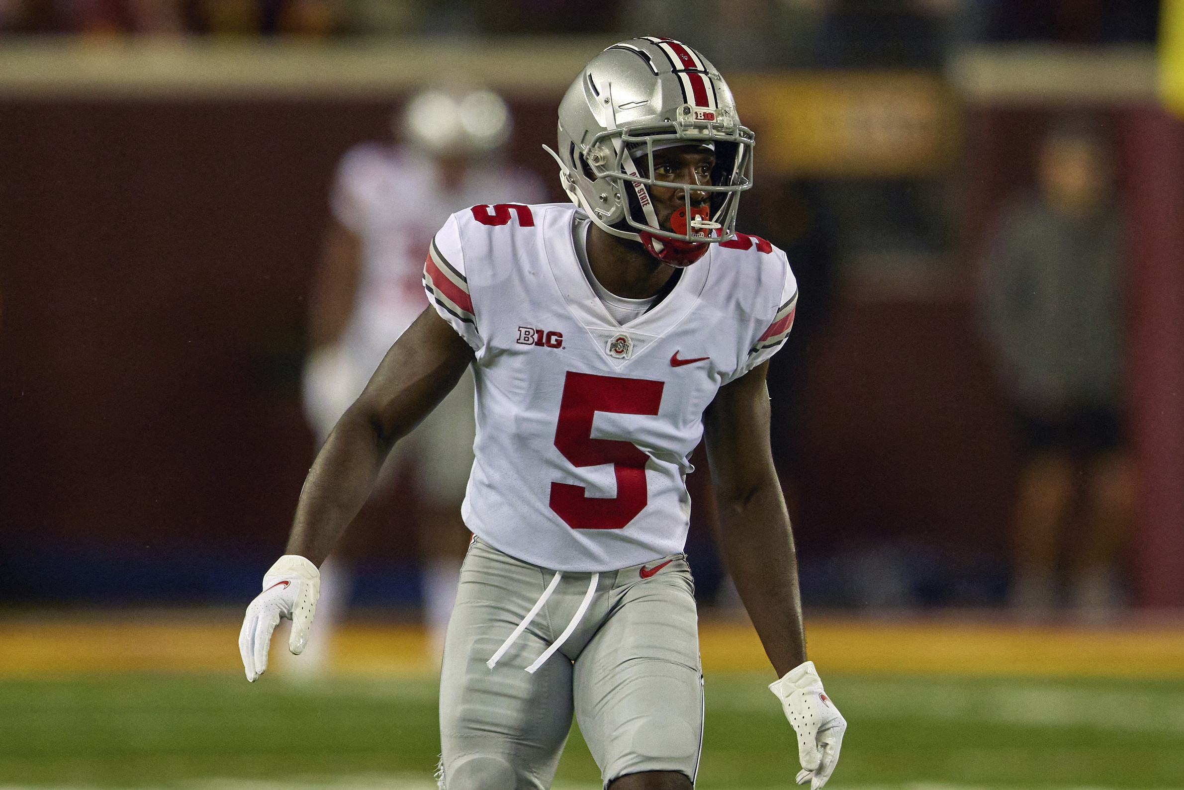 Ohio State Buckeyes wide receiver Garrett Wilson (5) during an NCAA football game on Thursday, Sept. 2, 2021, in Minneapolis. (AP Photo/Adam Bettcher)