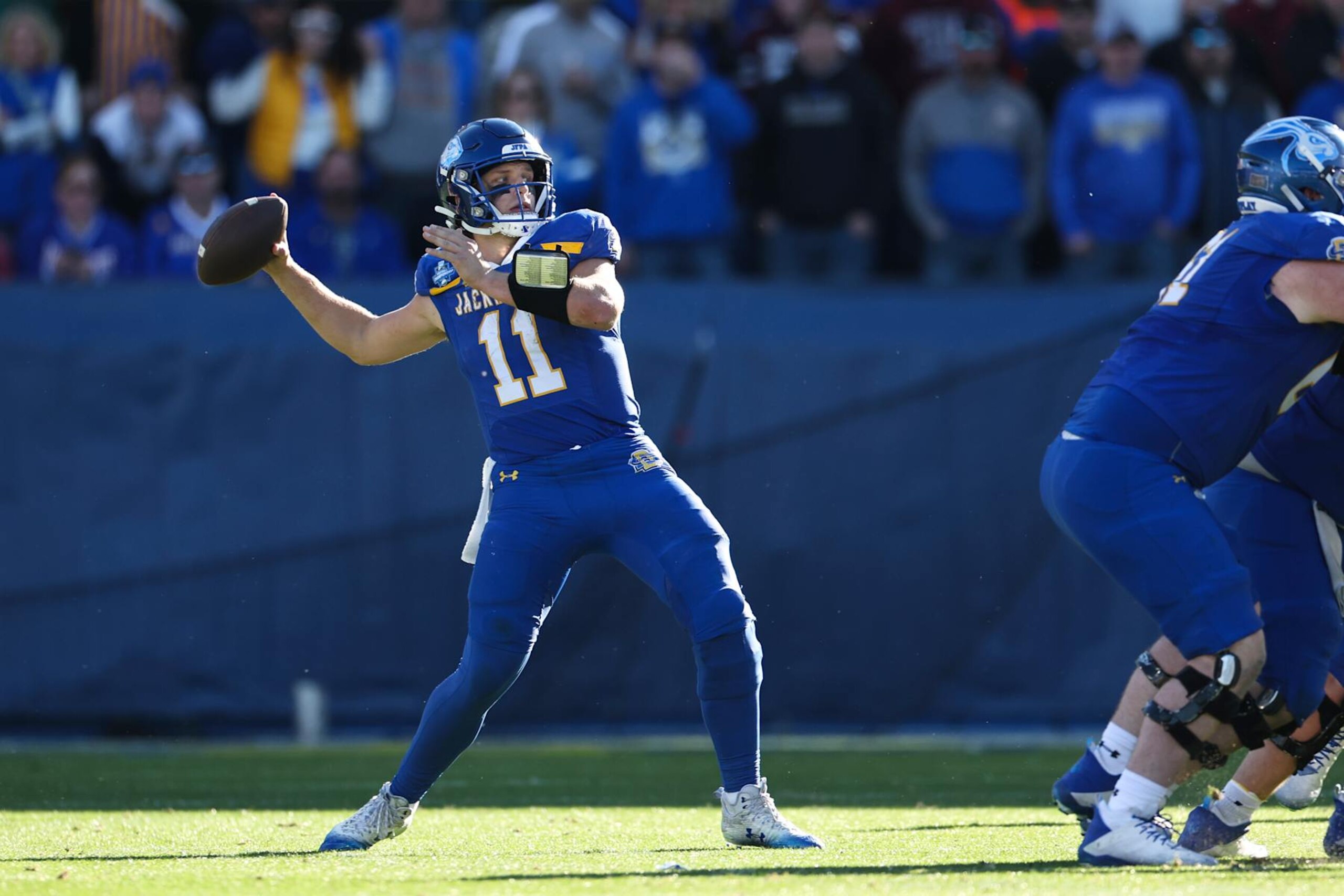 FRISCO, TEXAS - JANUARY 07: Mark Gronowski #11 of the South Dakota State Jackrabbits passes a ball against the Montana Grizzlies in the second half of the Division I FCS Football Championship held at Toyota Stadium on January 7, 2024 in Frisco, Texas. (Photo by Justin Tafoya/NCAA Photos via Getty Images) FRISCO, TEXAS - JANUARY 07: Mark Gronowski #11 of the South Dakota State Jackrabbits passes a ball against the Montana Grizzlies in the second half of the Division I FCS Football Championship held at Toyota Stadium on January 7, 2024 in Frisco, Texas. (Photo by Justin Tafoya/NCAA Photos via Getty Images)