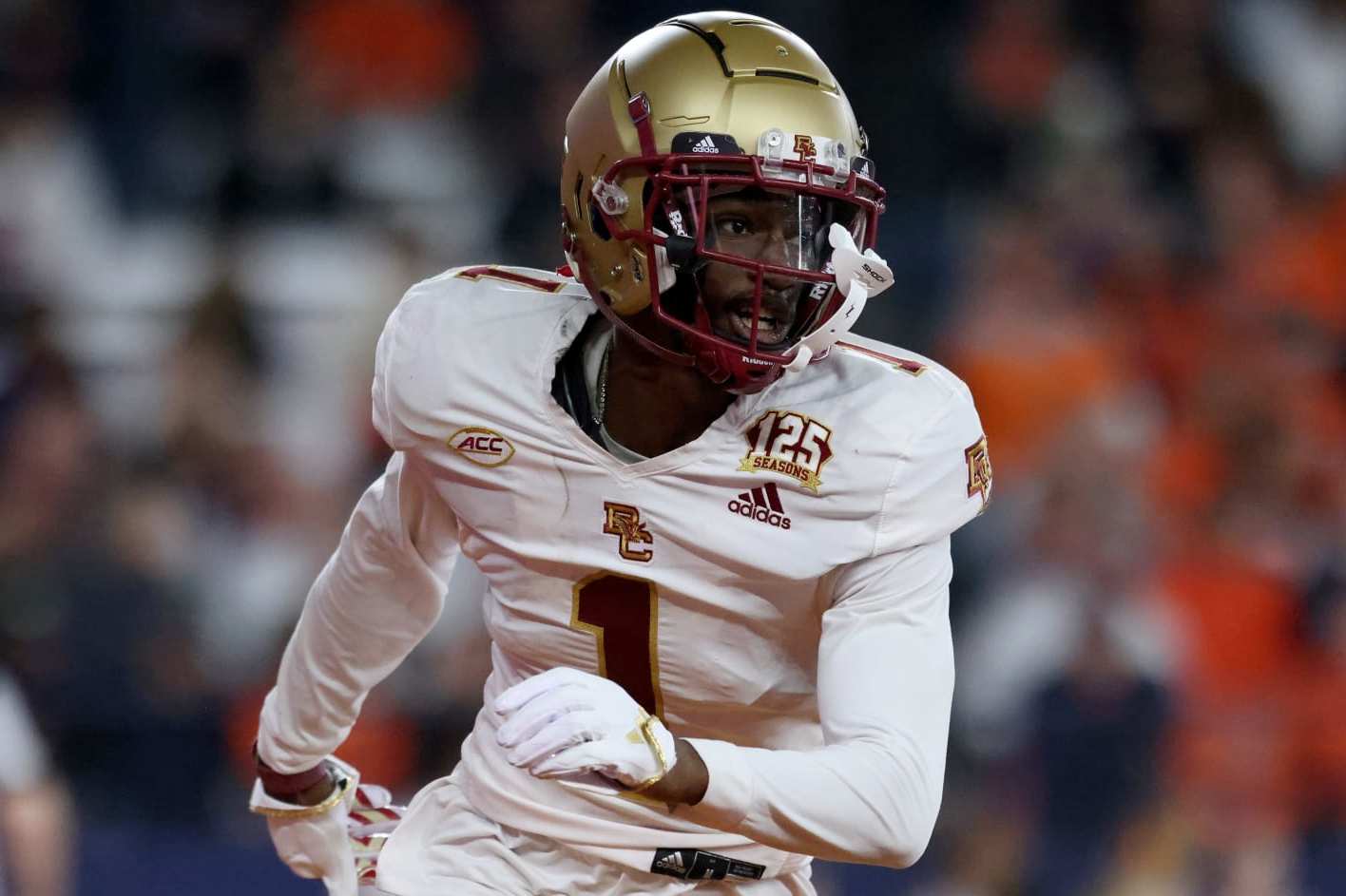 SYRACUSE, NEW YORK - NOVEMBER 03: Elijah Jones #1 of the Boston College Eagles reacts during the second quarter against the Syracuse Orange at JMA Wireless Dome on November 03, 2023 in Syracuse, New York. (Photo by Bryan Bennett/Getty Images)