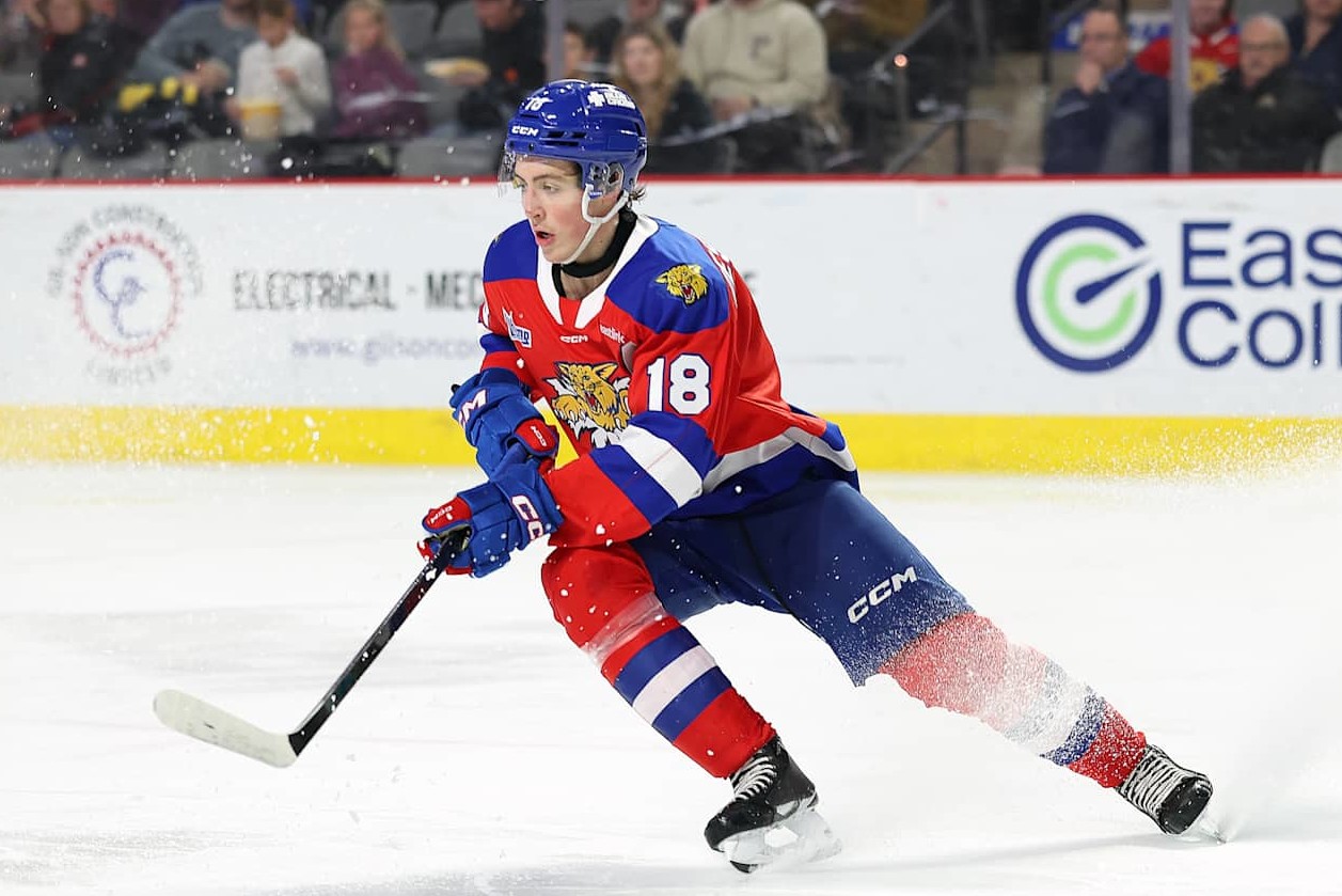 MONCTON, CANADA - DECEMBER 31: Caleb Desnoyers #18 of Moncton Wildcats skates after the puck against Charlottetown Islanders during the second period at Avenir Centre on December 31, 2024 in Moncton, Canada. (Photo by Dale Preston/Getty Images)