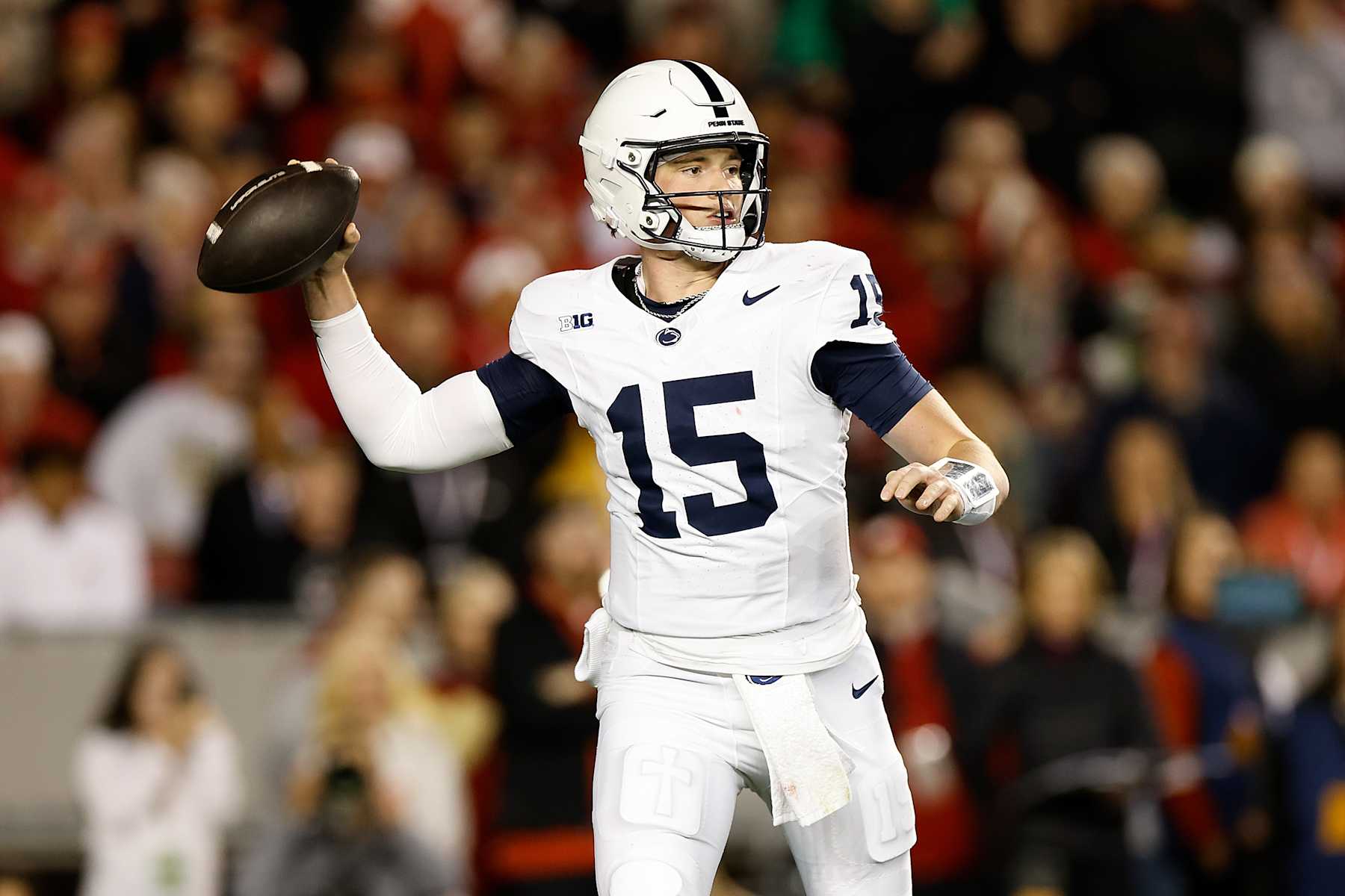 MADISON, WISCONSIN - OCTOBER 26: Drew Allar #15 of the Penn State Nittany Lions throws a pass during the game against the Wisconsin Badgers at Camp Randall Stadium on October 26, 2024 in Madison, Wisconsin. (Photo by John Fisher/Getty Images)