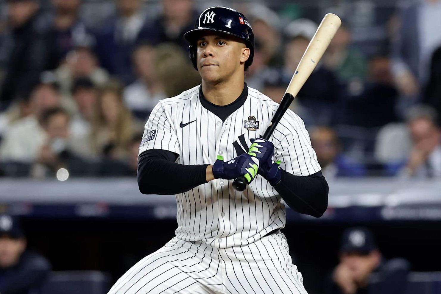 NEW YORK, NEW YORK - OCTOBER 30: (NEW YORK DAILIES OUT)  Juan Soto #22 of the New York Yankees in action against the Los Angeles Dodgers during Game Five of the 2024 World Series at Yankee Stadium on October 30, 2024 in New York City. The Dodgers defeated the Yankees 7-6. (Photo by Jim McIsaac/Getty Images)