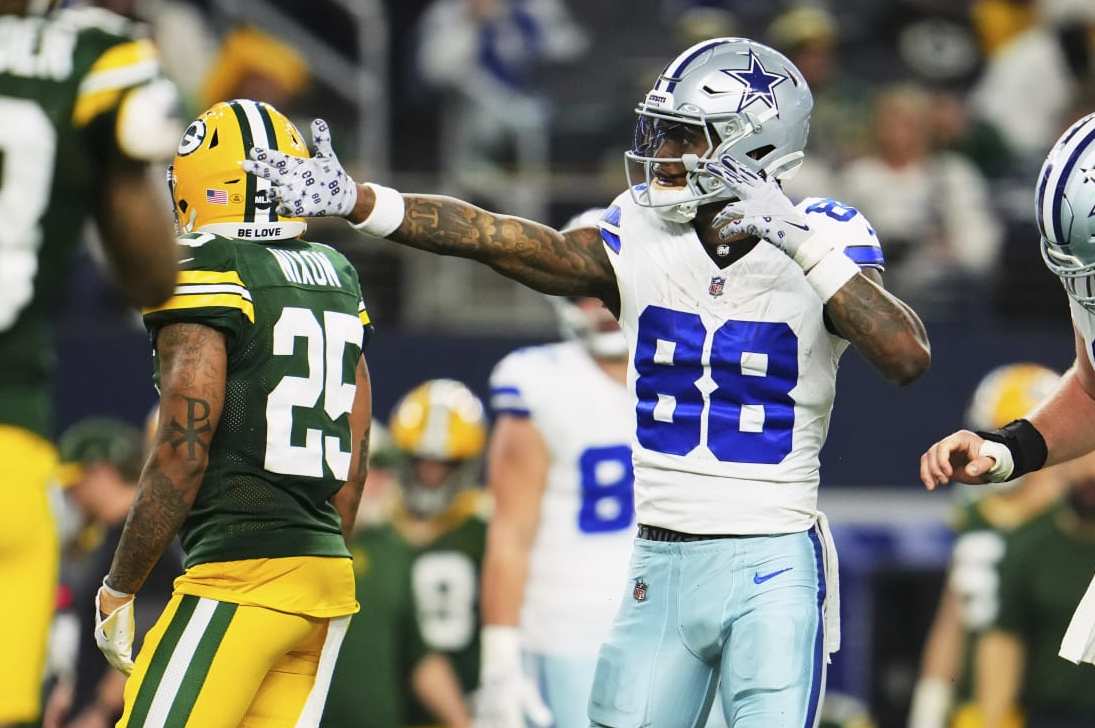 DALLAS, TX - JANUARY 14: CeeDee Lamb #88 of the Dallas Cowboys celebrates after a play against the Green Bay Packers during the second half of the NFC Wild Card playoff game at AT&T Stadium on January 14, 2024 in Dallas, Texas. (Photo by Cooper Neill/Getty Images)
