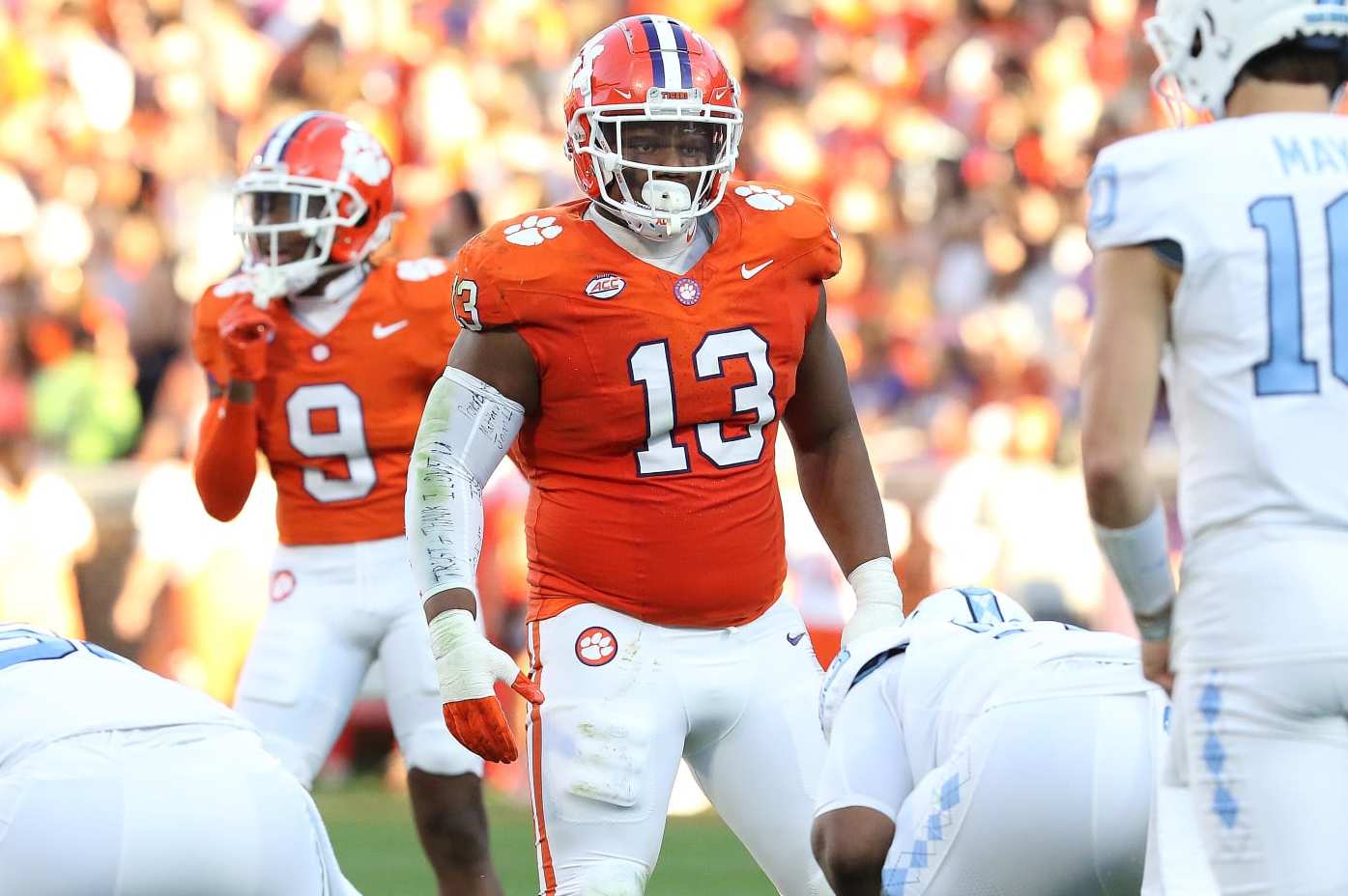 CLEMSON, SC - NOVEMBER 18: Clemson Tigers defensive tackle Tyler Davis (13) during a college football game between the North Carolina Tar Heels and the Clemson Tigers on November 18, 2023 at Clemson Memorial Stadium in Clemson, S.C.  (Photo by John Byrum/Icon Sportswire via Getty Images)