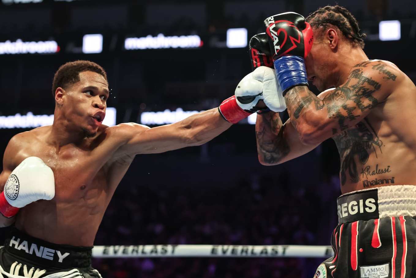 SAN FRANCISCO, CALIFORNIA - DECEMBER 09: Devin Haney punches Regis Prograis during their WBC World Super Lightweight Title fight at Chase Center on December 09, 2023 in San Francisco, California. (Photo by Ezra Shaw/Getty Images)