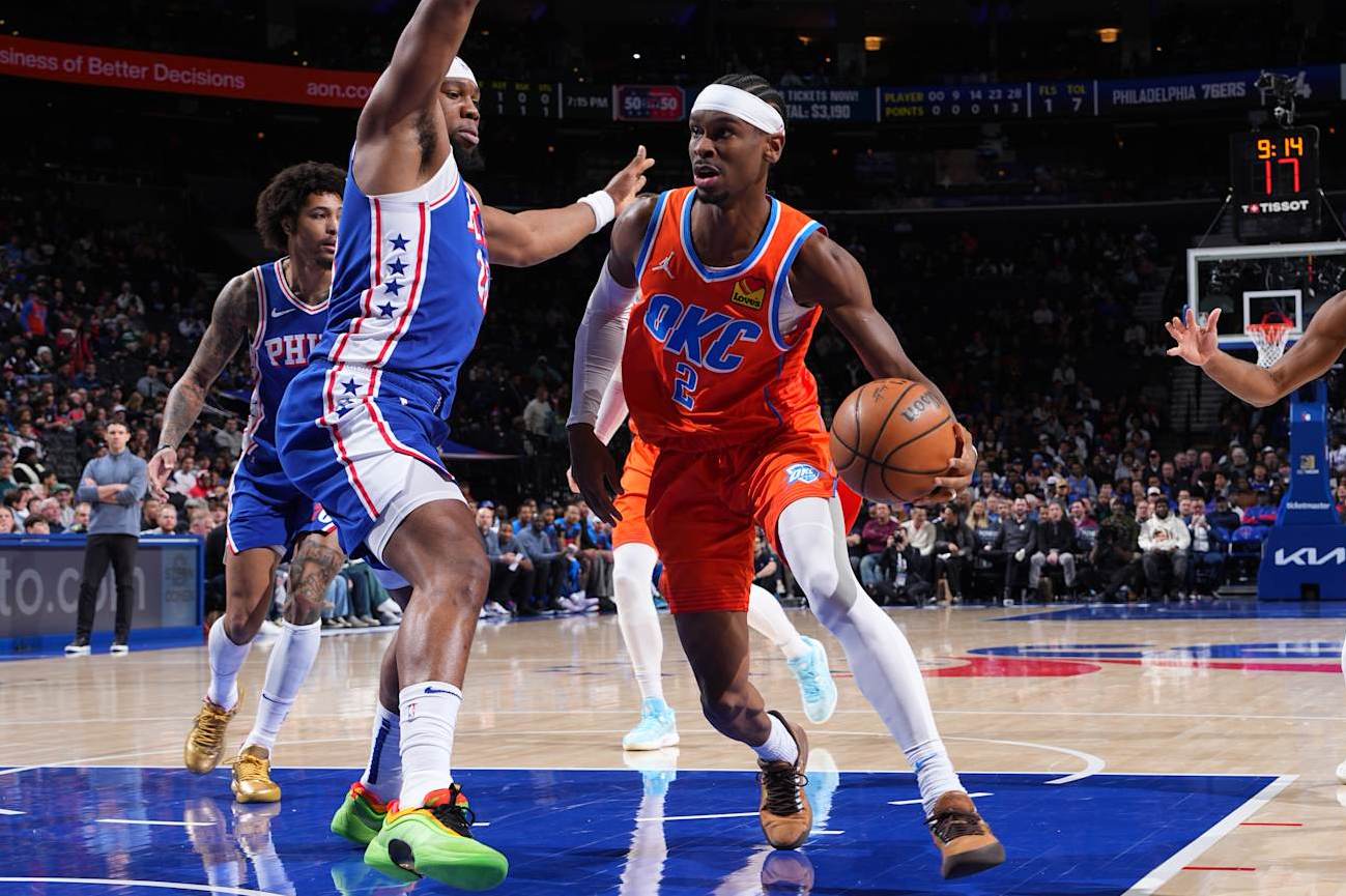 PHILADELPHIA, PA - JANUARY 14: Shai Gilgeous-Alexander #2 of the Oklahoma City Thunder dribbles the ball during the game against the Philadelphia 76ers on January 14, 2025 at the Wells Fargo Center in Philadelphia, Pennsylvania NOTE TO USER: User expressly acknowledges and agrees that, by downloading and/or using this Photograph, user is consenting to the terms and conditions of the Getty Images License Agreement. Mandatory Copyright Notice: Copyright 2025 NBAE (Photo by Jesse D. Garrabrant/NBAE via Getty Images)