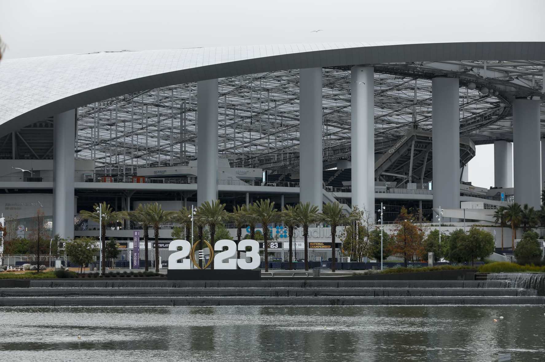 INGLEWOOD, CA - JANUARY 04: The College Football Playoff National Championship event logo is displayed during the week leading up to CFP National Championship game between the TCU Horned Frogs and the Georgia Bulldogs on January 04, 2023, at SoFi Stadium in Inglewood, CA. (Photo by Brandon Sloter/Icon Sportswire via Getty Images)
