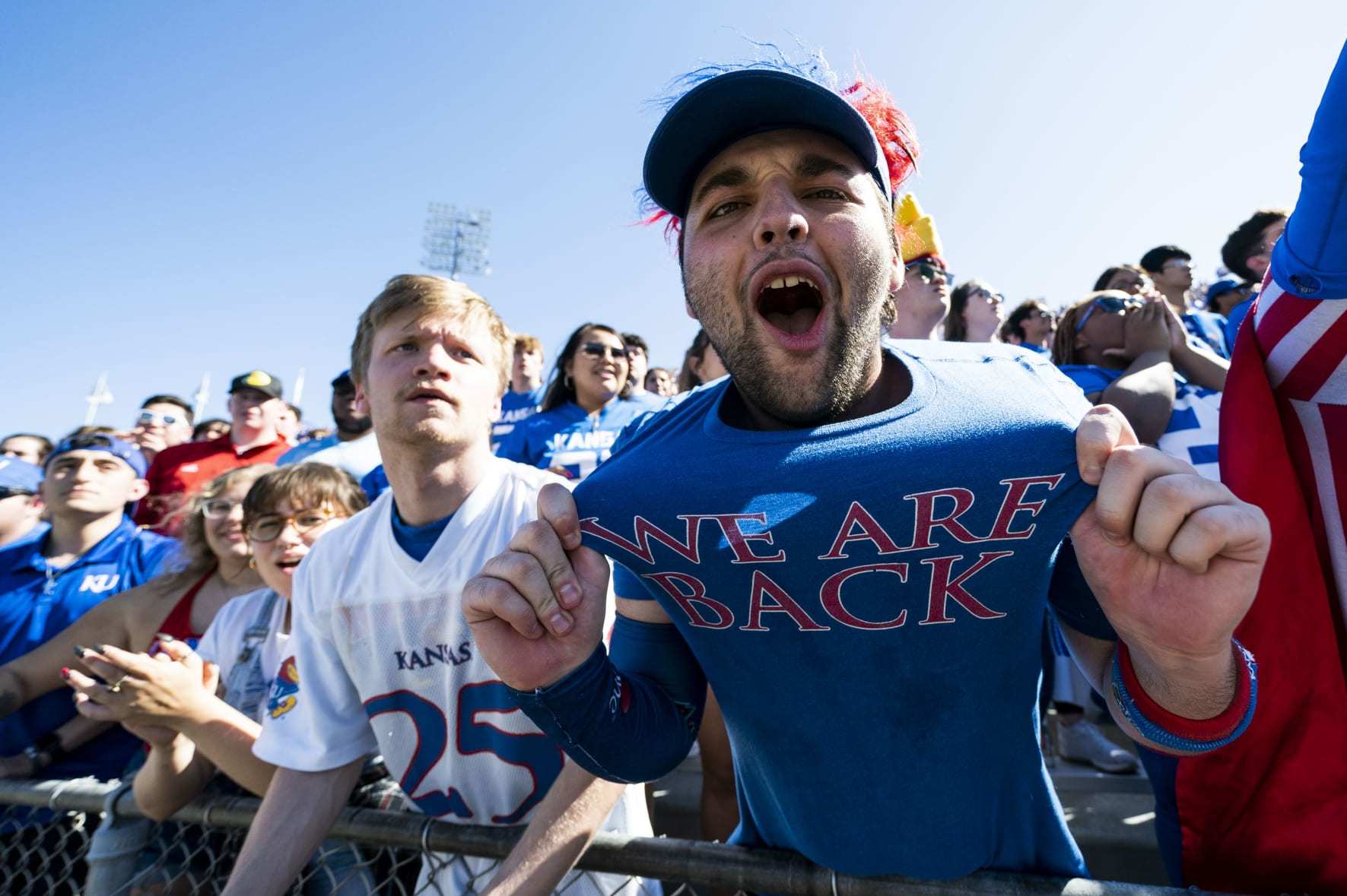 LAWRENCE, KS - SEPTEMBER 24: Kansas Jayhawks fans cheer during the first half against the Duke Blue Devils at David Booth Kansas Memorial Stadium on September 24, 2022 in Lawrence, Kansas. (Photo by Jay Biggerstaff/Getty Images)