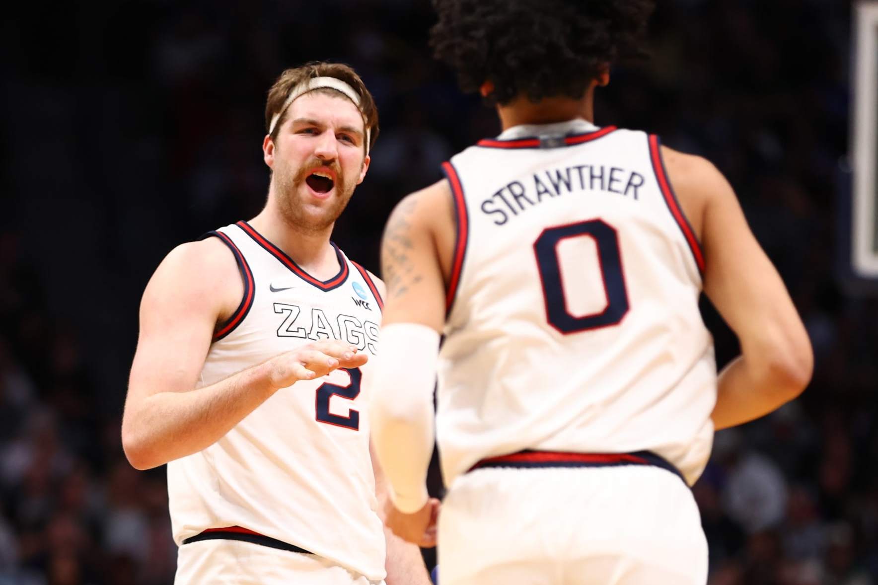 DENVER, CO - MARCH 19: Drew Timme #2 of the Gonzaga Bulldogs reacts to a play against the TCU Horned Frogs during the first half of the second round of the 2023 NCAA Men's Basketball Tournament held at Ball Arena on March 19, 2023 in Denver, Colorado. (Photo by Jamie Schwaberow/NCAA Photos via Getty Images)