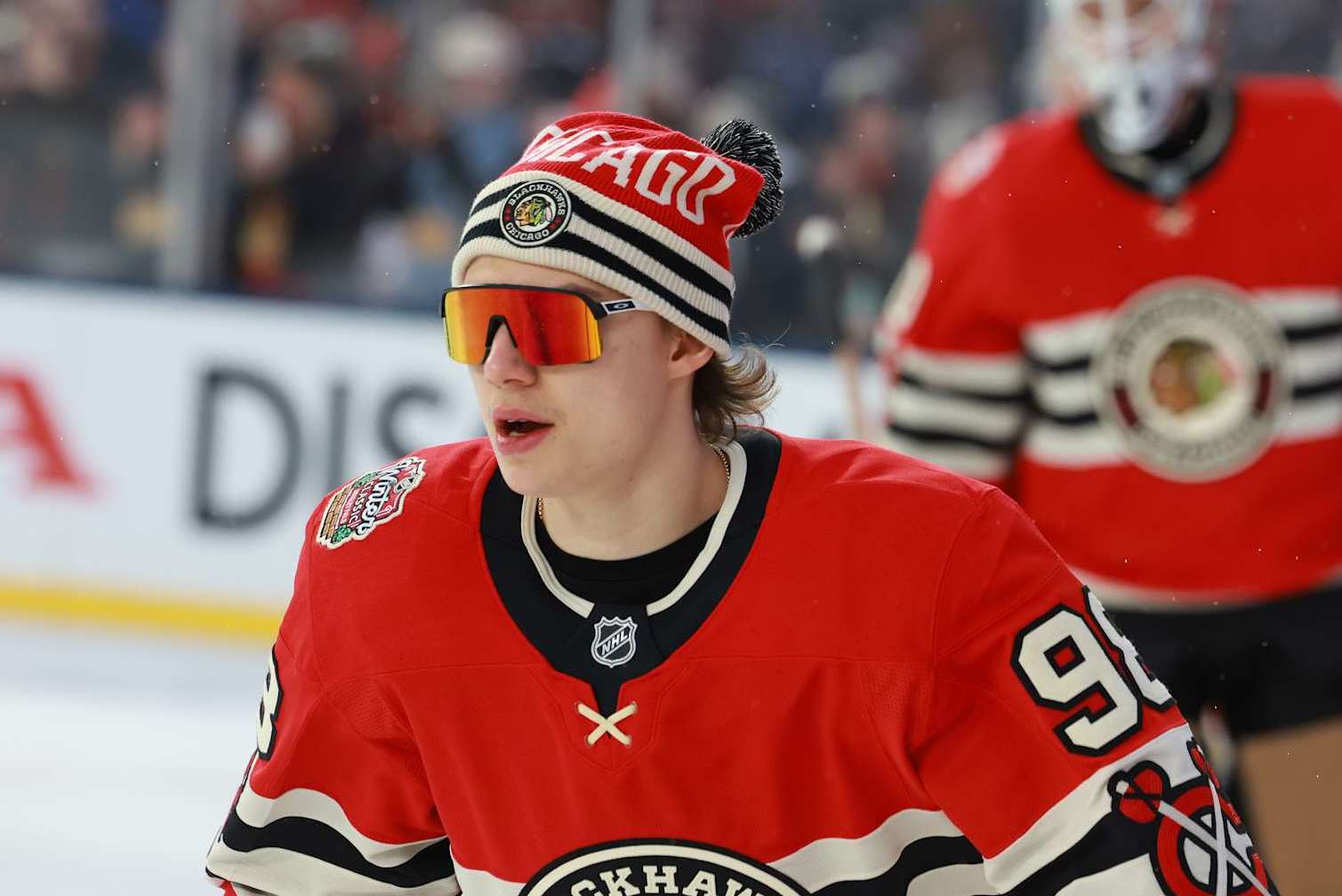 CHICAGO, ILLINOIS - DECEMBER 31: Connor Bedard #98 of the Chicago Blackhawks warms up prior to the Discover NHL Winter Classic between the Chicago Blackhawks and the St. Louis Blues at Wrigley Field on December 31, 2024 in Chicago, Illinois. (Photo by Chase Agnello-Dean/NHLI via Getty Images)