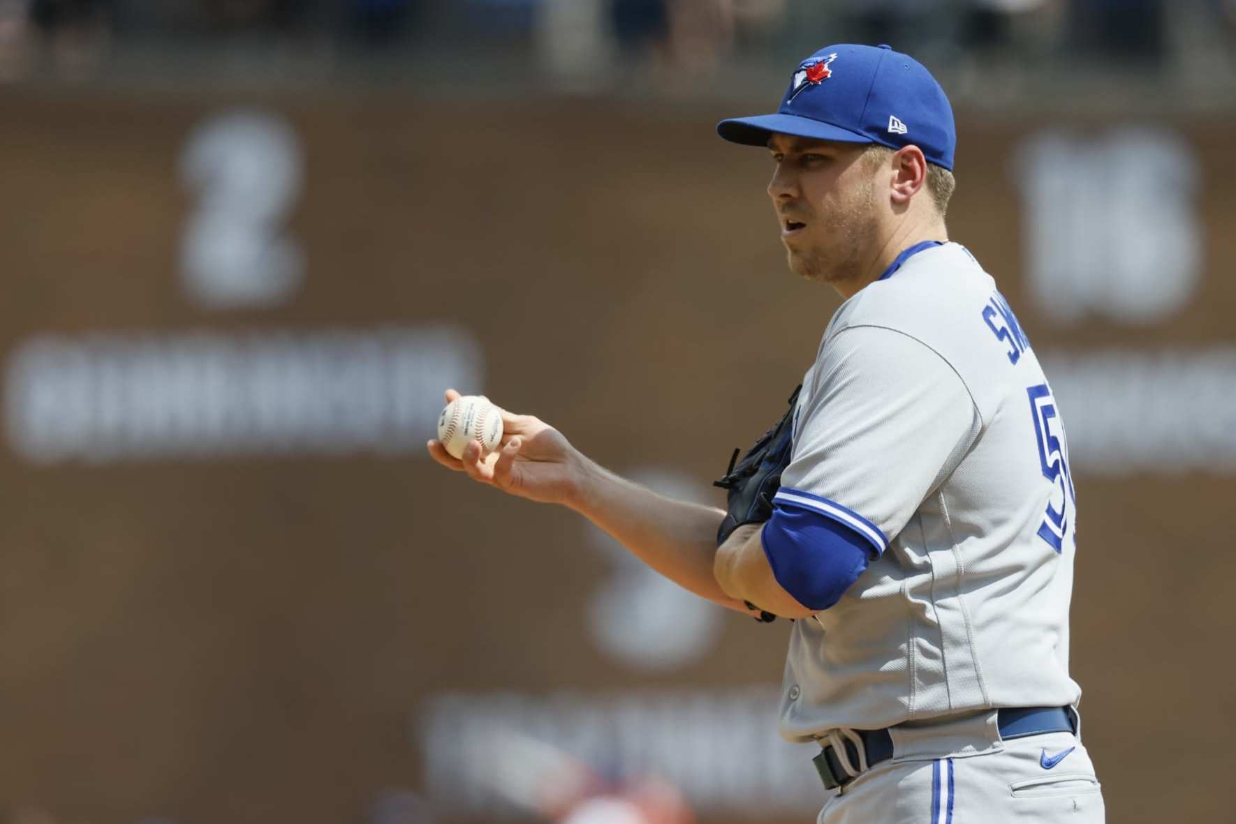 DETROIT, MI -  JULY 9:  Pitcher Erik Swanson #50 of the Toronto Blue Jays during the fifth inning of a game against the Detroit Tigers at Comerica Park on July 9, 2023 in Detroit, Michigan. (Photo by Duane Burleson/Getty Images)
