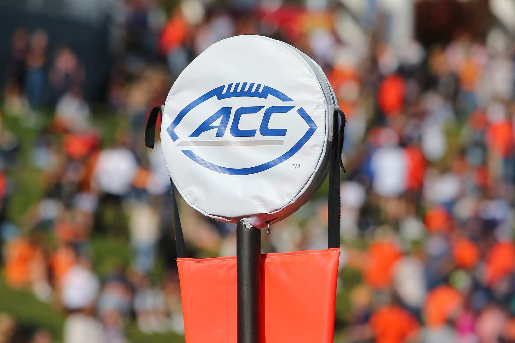 CHARLOTTESVILLE, VA - OCTOBER 29: ACC logo on the sidelines during a college football game between the Miami Hurricanes and the Virginia Cavaliers on October 29, 2022, at Scott Stadium in Charlottesville, VA. (Photo by Lee Coleman/Icon Sportswire via Getty Images)