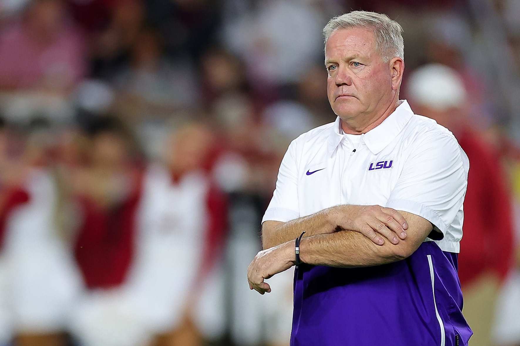 TUSCALOOSA, ALABAMA - NOVEMBER 04:  Head coach Brian Kelly of the LSU Tigers looks on prior to facing the Alabama Crimson Tide at Bryant-Denny Stadium on November 04, 2023 in Tuscaloosa, Alabama.  (Photo by Kevin C. Cox/Getty Images)