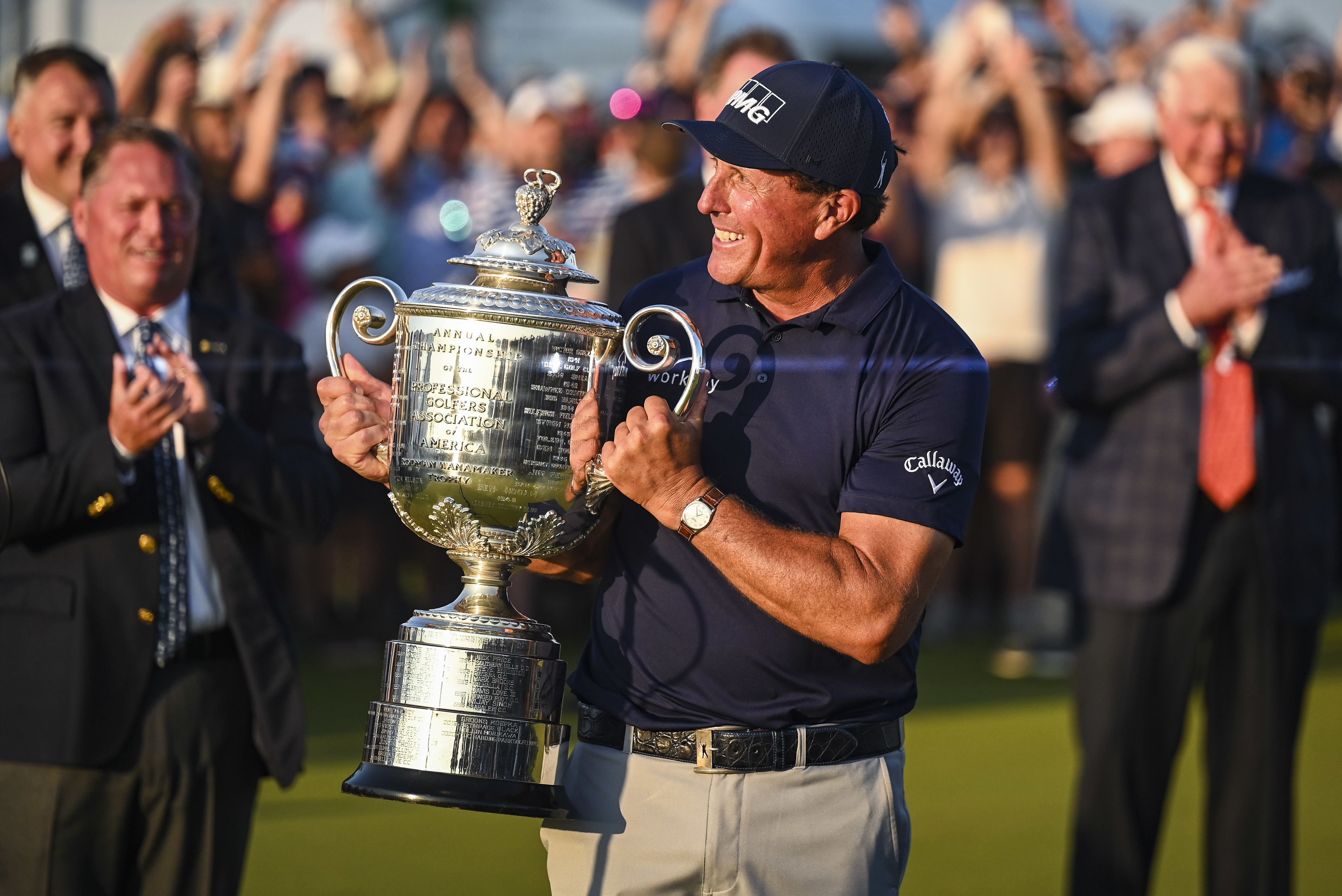 KIAWAH ISLAND, SC - MAY 23:  Phil Mickelson smiles with  the Wanamaker Trophy after his two stroke victory in the final round of the PGA Championship on The Ocean Course at Kiawah Island Golf Resort on May 23, 2021, in Kiawah Island, South Carolina. (Photo by Keyur Khamar/PGA TOUR via Getty Images)