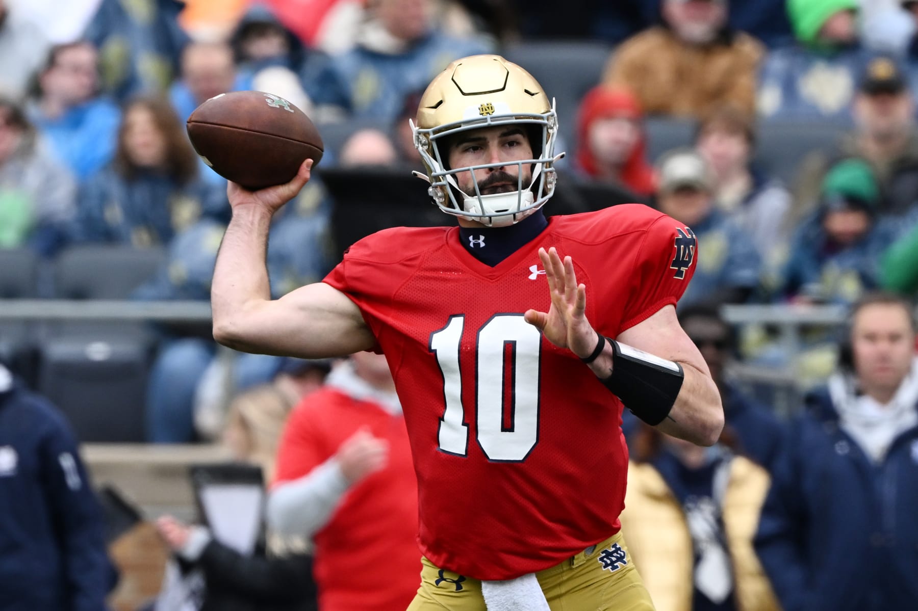 SOUTH BEND, INDIANA - APRIL 22: Sam Hartman #10 of the Notre Dame Stopping Irish through the Notre Dame Blue-Gold Spring Football Game at Notre Dame Stadium on April 22, 2023 in South Bend, Indiana. (Photo by Quinn Harris/Getty Pictures)