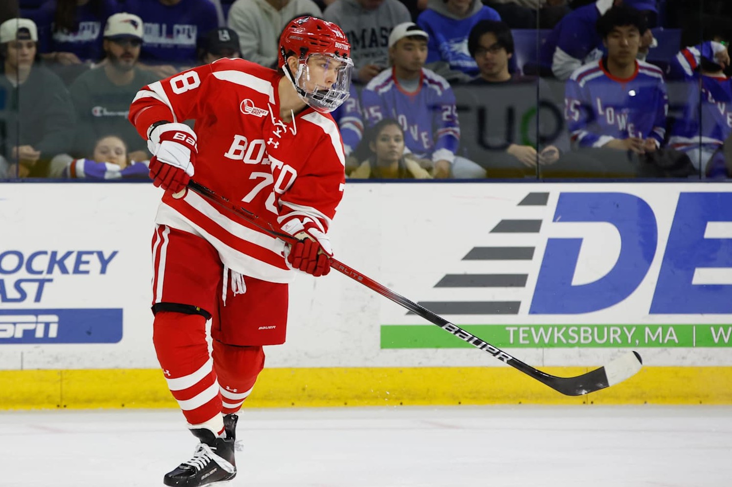 LOWELL, MASSACHUSETTS - NOVEMBER 9: Sascha Boumedienne #78 of the Boston University Terriers skates against the UMass Lowell River Hawks during the first period during NCAA men's hockey at the Tsongas Center on November 9, 2024 in Lowell, Massachusetts. The Terriers won 5-2. (Photo by Richard T Gagnon/Getty Images)