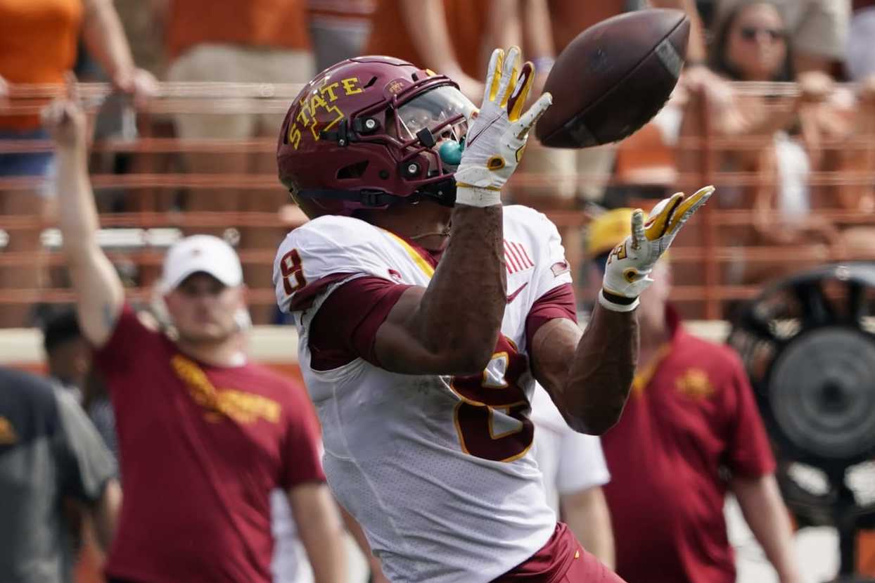 Iowa State wide receiver Xavier Hutchinson (8) reaches for a pass during the second half of an NCAA college football game against Texas, Saturday, Oct. 15, 2022, in Austin, Texas. (AP Photo/Eric Gay)