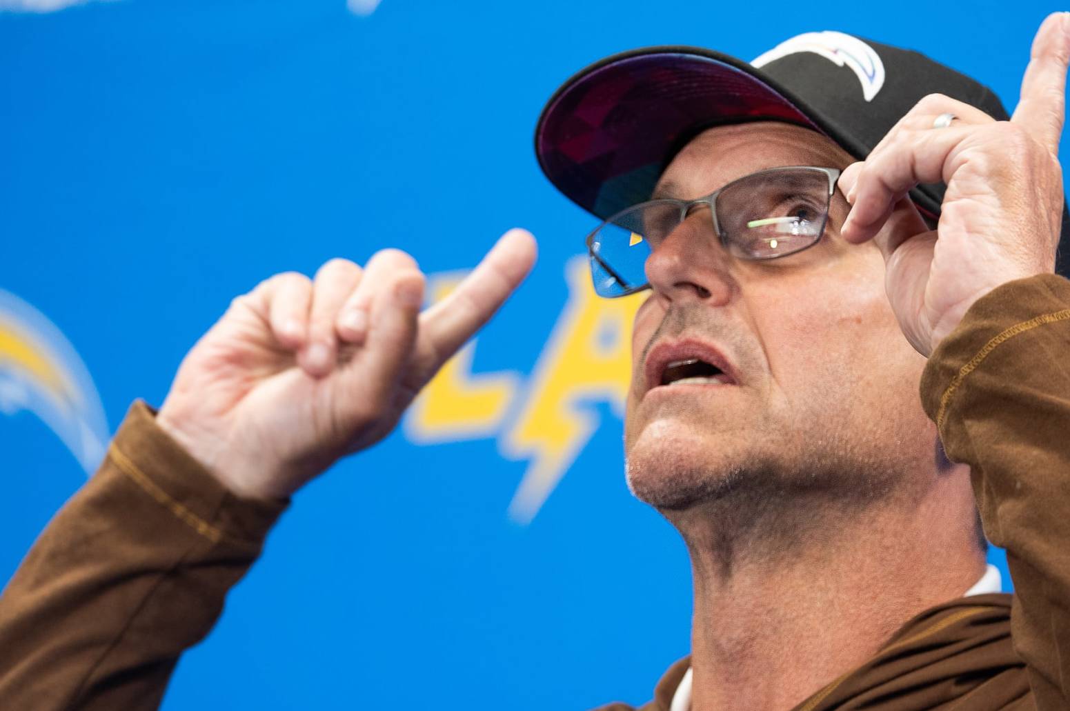 Costa Mesa, CA - June 13: Chargers Head Coach Jim Harbaugh speaks during a press conference at the Chargers mini camp at Hoag Performance Center in Costa Mesa Thursday, June 13, 2024. (Allen J. Schaben / Los Angeles Times via Getty Images)